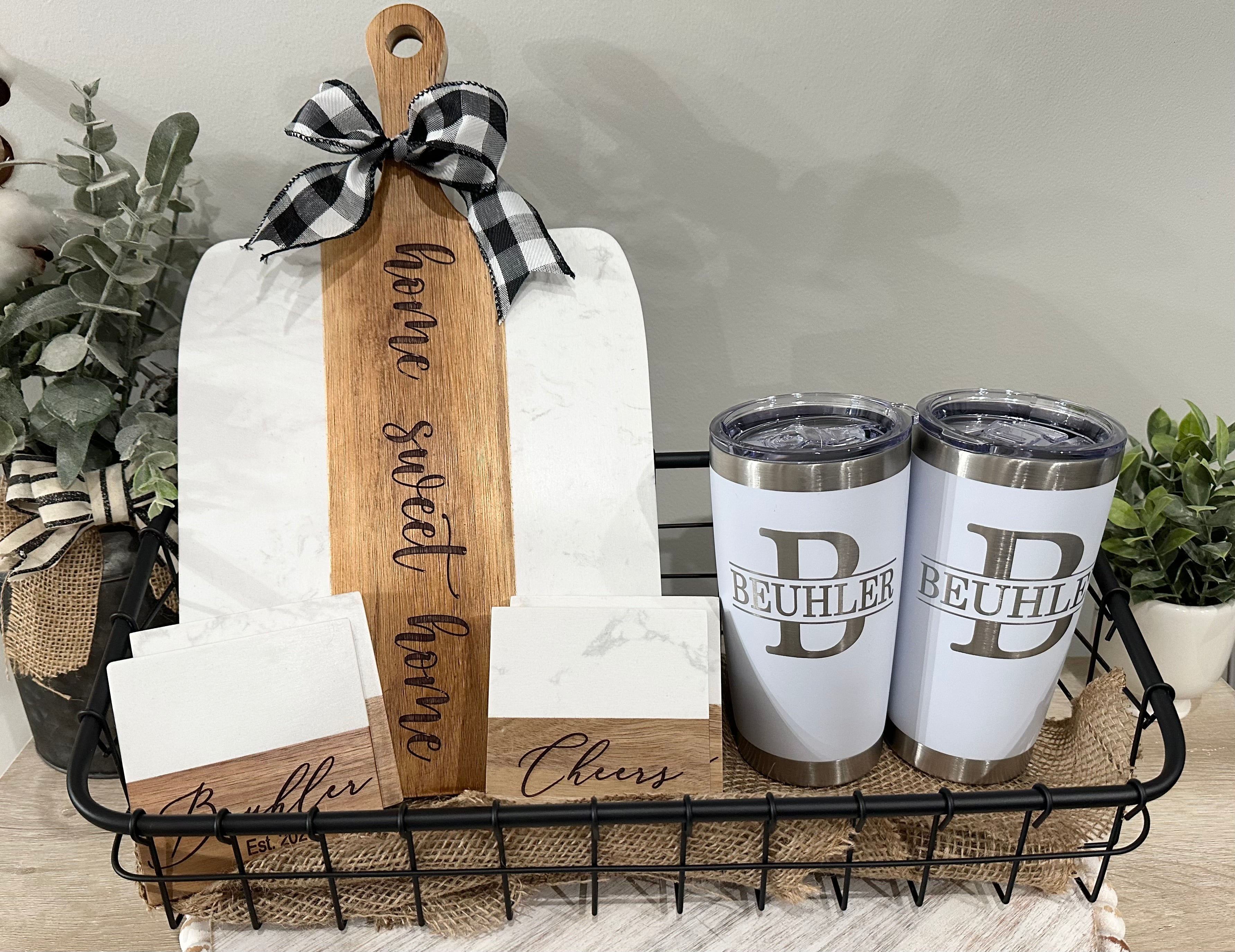 Realtor - Housewarming - Wedding Gift - Perfectly Personalized Marble and Wood Cutting Board, Coaster Set and 20 oz Tumblers Laser Engraved Gift