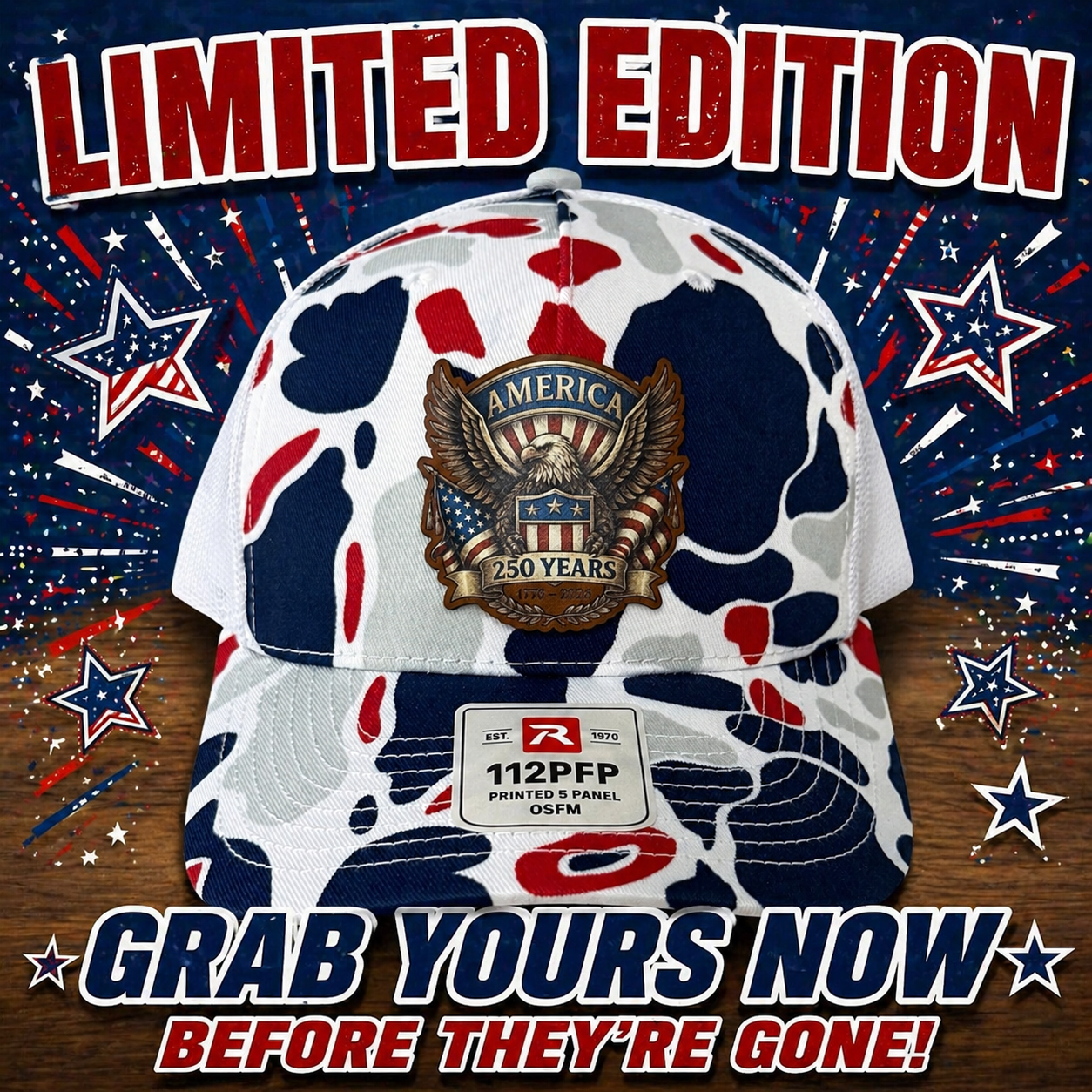 America 250 Year Anniversary Red White and Blue Duck Camo Patriotic Trucker Hat - Limited Edition