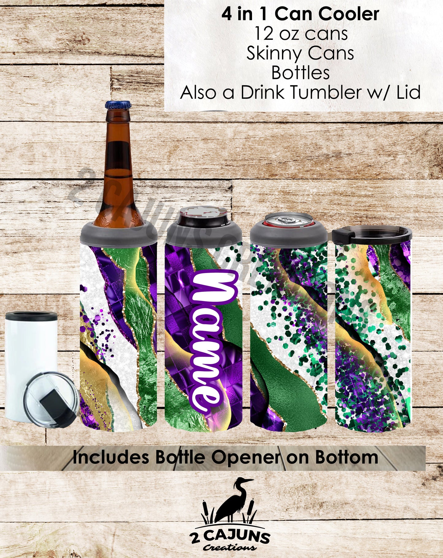 Mardi Gras Personalized 4 in 1 Can Cooler - Stainless Steel Double Wall Insulated - Holds Regular or Skinny Cans and Bottles