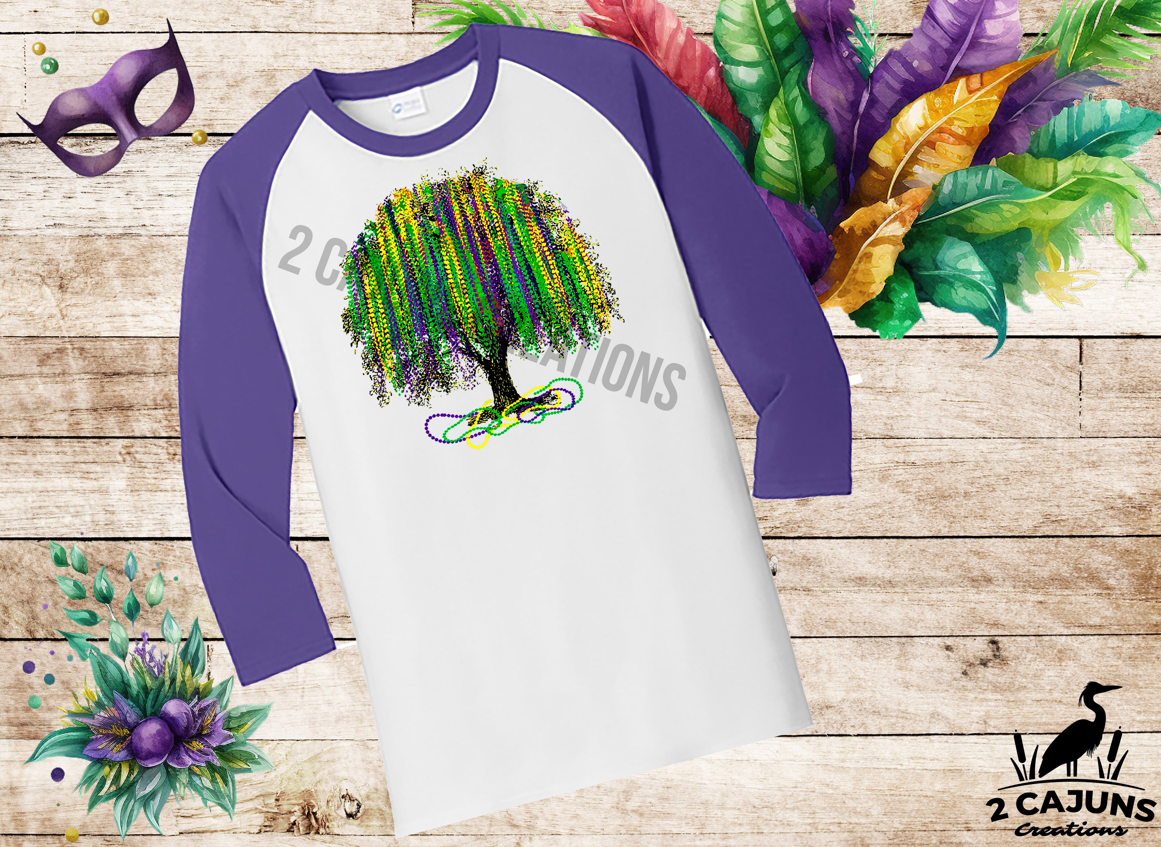 Mardi Gras Watercolor Bead Tree 3/4 Sleeve Raglan - Baseball Shirt