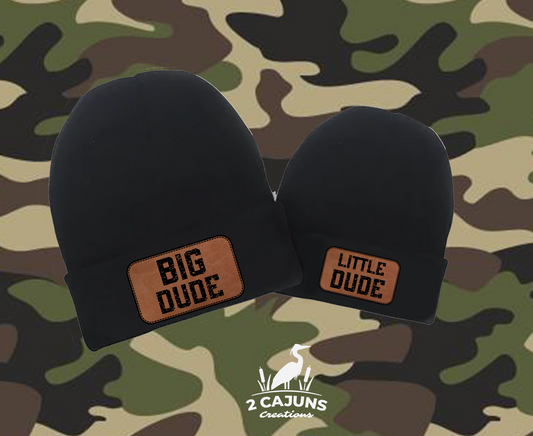 Big Dude Little Dude Adorable Beanie Set - Leatherette Engraved Patch  - Soft and Warm for Cold Weather