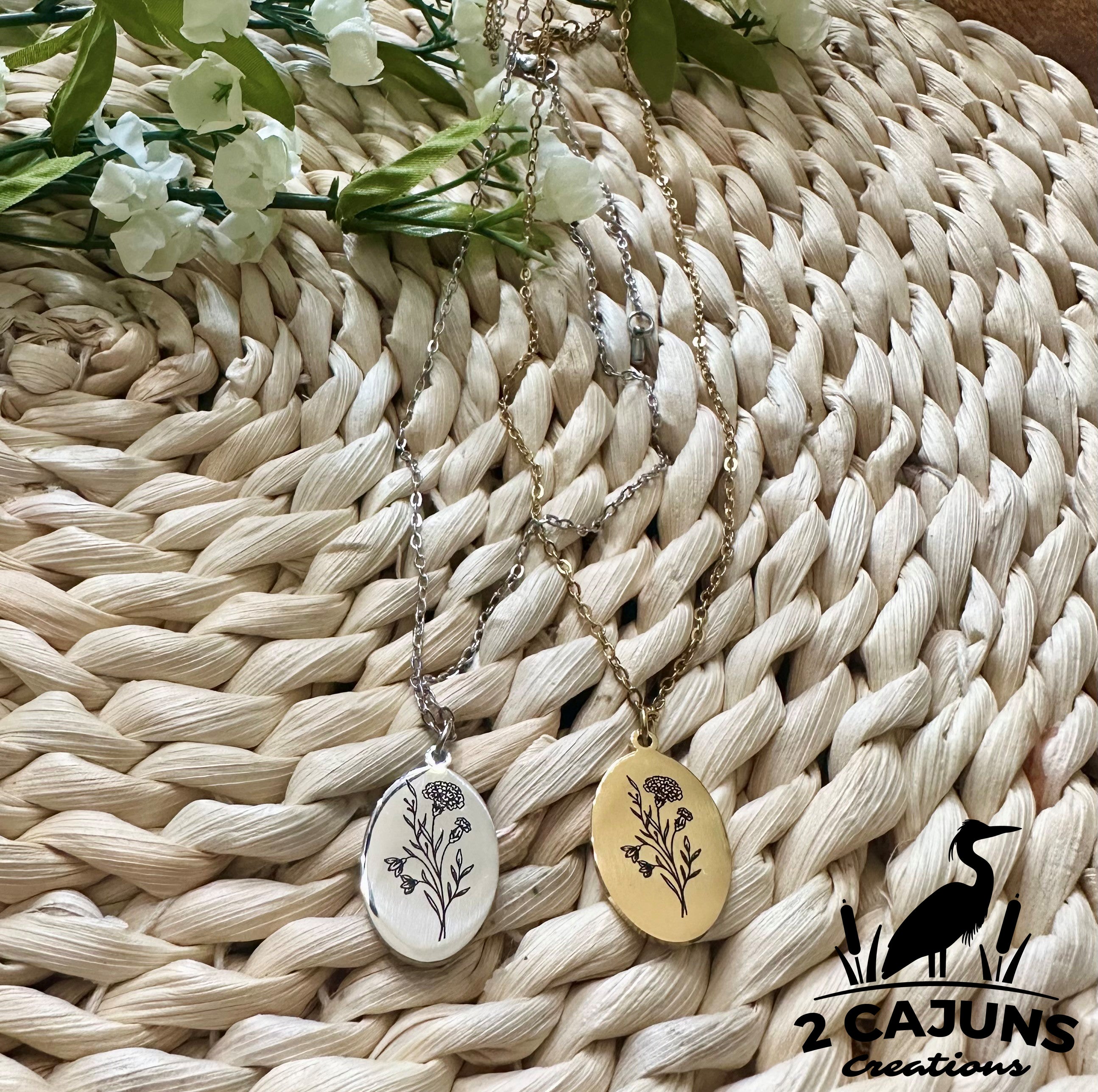 Birth Month Flower Oval Pendant Necklace - Mother's Day Gift - Birthday Gift - Silver or Gold