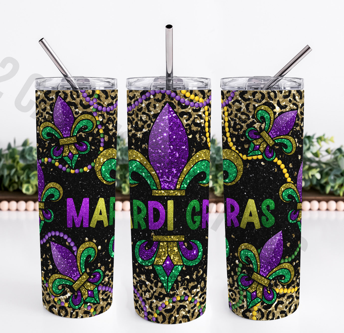 Mardi Gras Fleur de Lis Sparkle/Glitter Effect Tumbler - Stainless Steel Double Wall Insulated