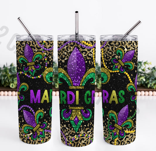 Mardi Gras Fleur de Lis Sparkle/Glitter Effect Tumbler - Stainless Steel Double Wall Insulated