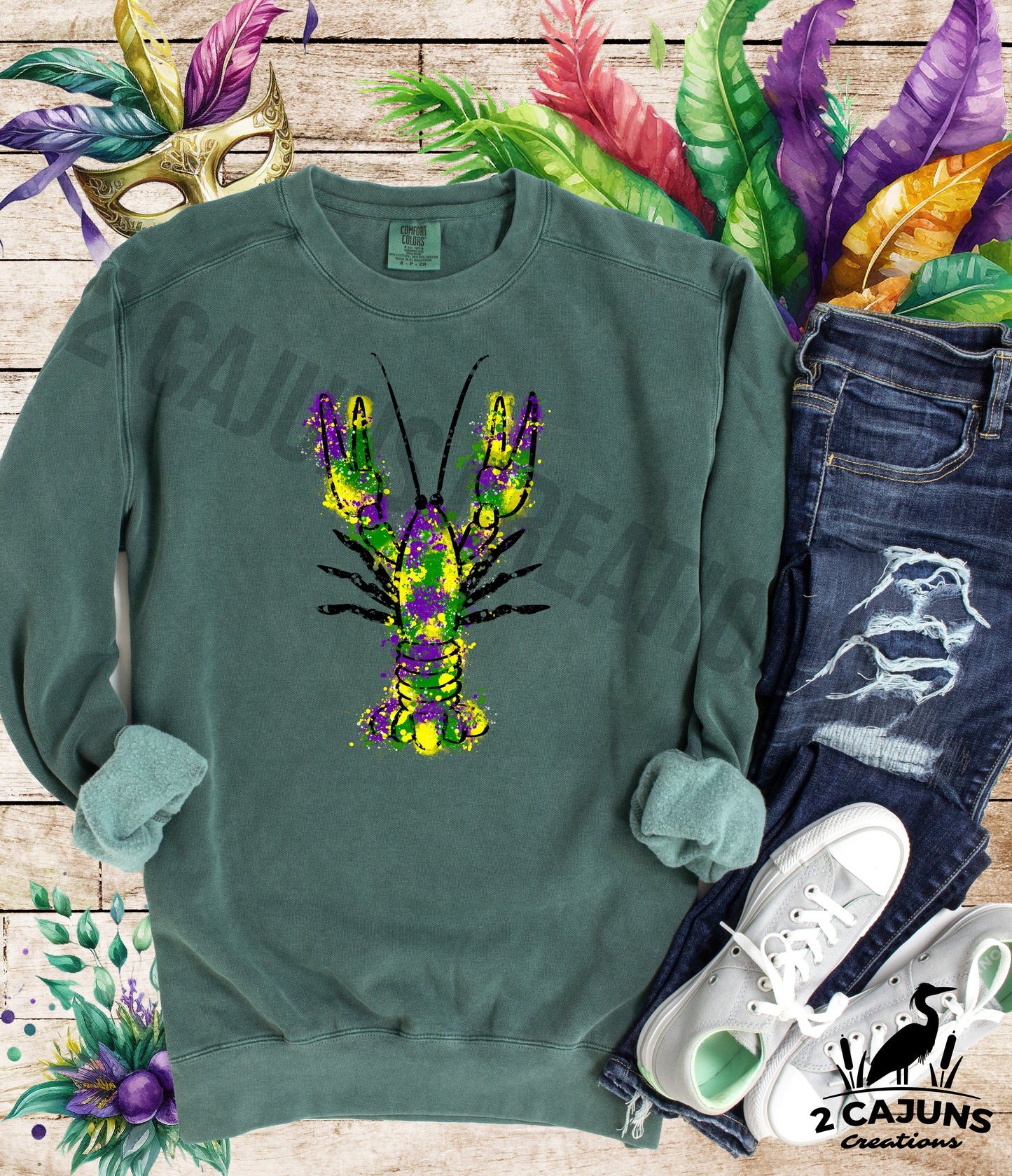 Mardi Gras Watercolor Crawfish Sweatshirt - Fleece Lined - Heavyweight - Purple Gold Green - Garment Dyed Vintage Look - 2 Colors Available