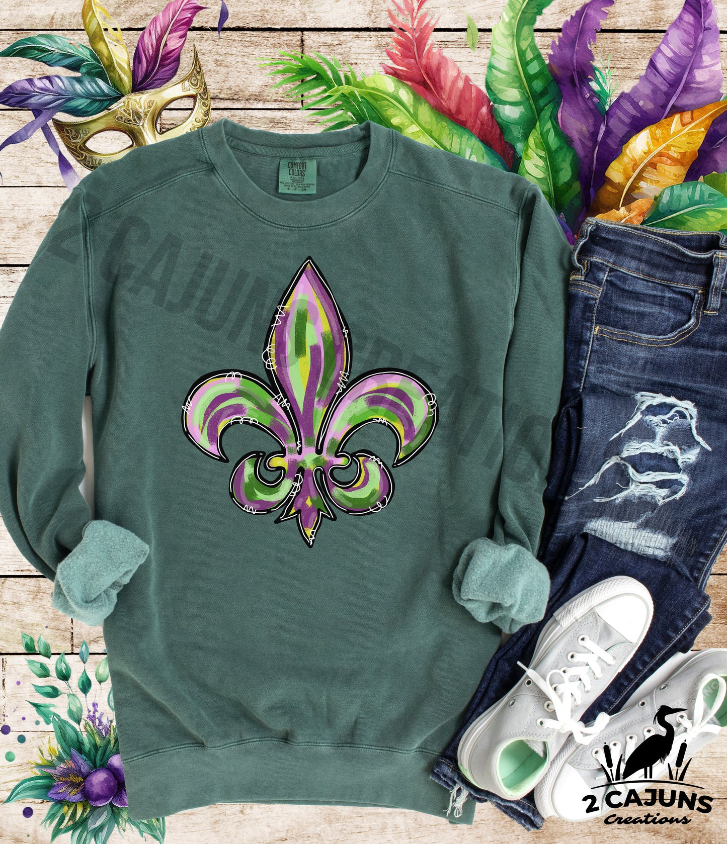 Mardi Gras Watercolor Fleur de Lis Sweatshirt - Fleece Lined- Garment Dyed - 2 Colors Available