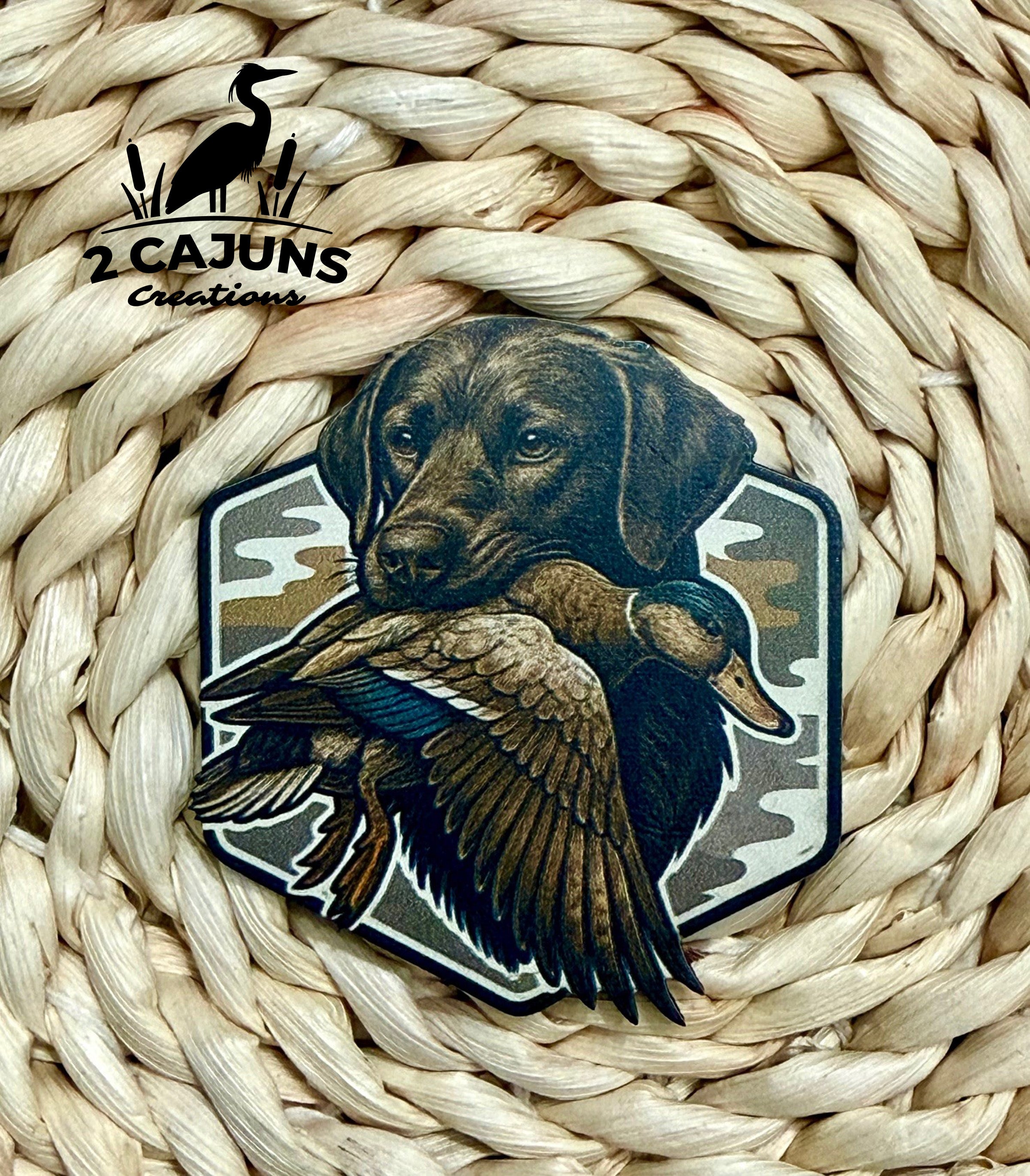 Chocolate Lab Hunting Dog with Duck UV Printed Hat Patch