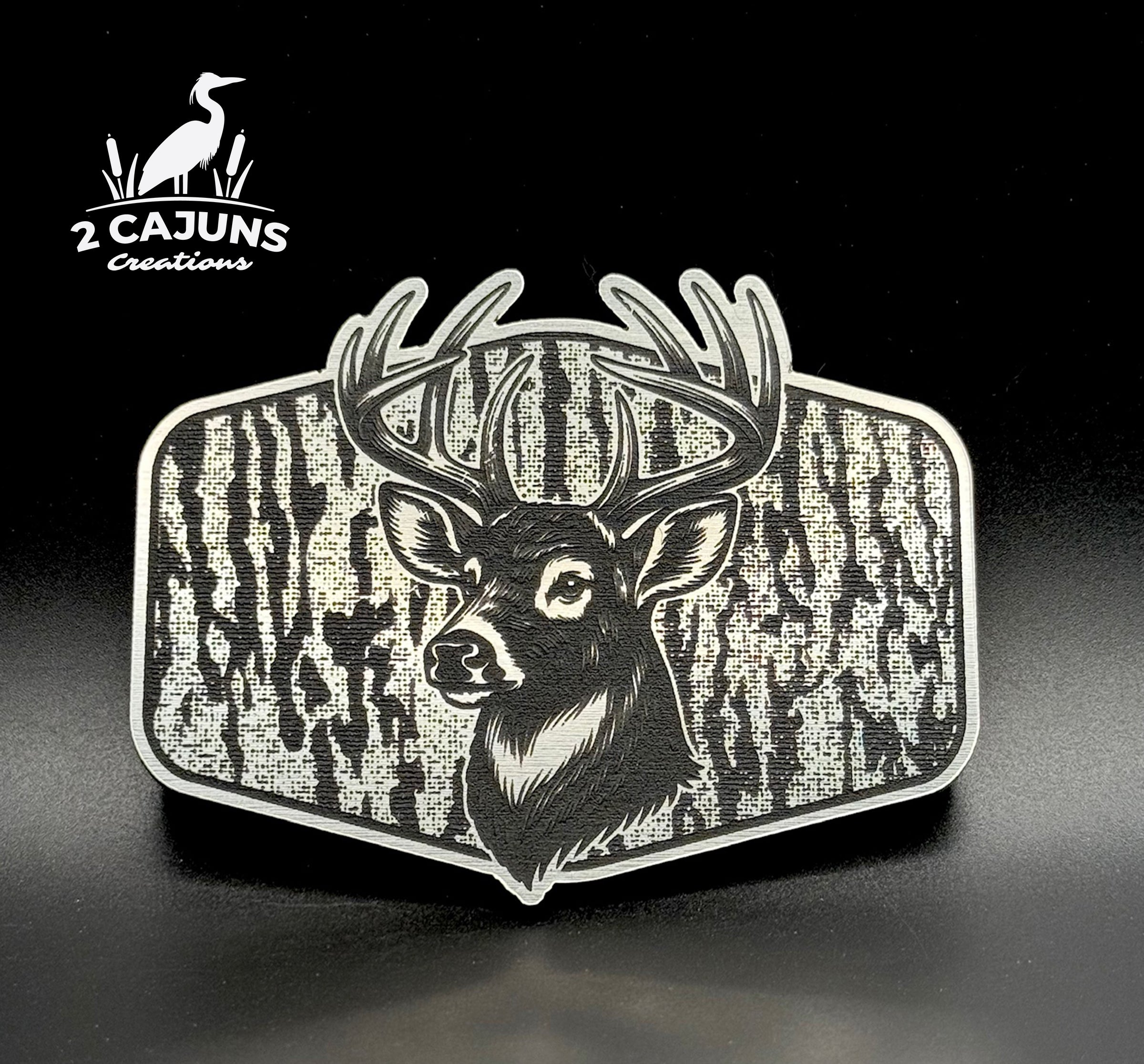 Buck Deer on Tree Bark Design Dual Layer Stainless Black Acrylic Hat Patch