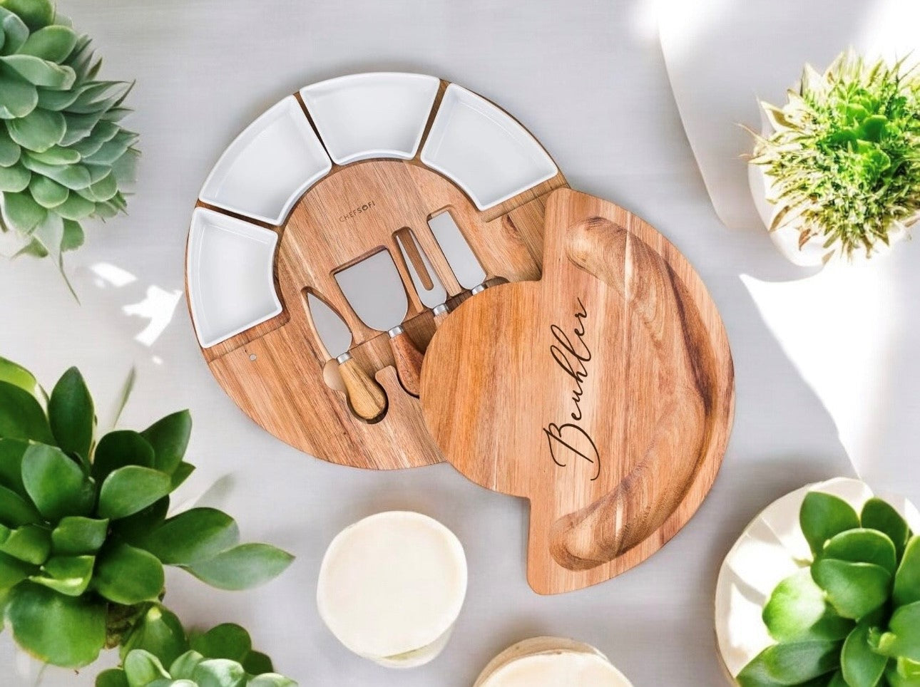 Personalized Charcuterie Cheese Board with Slide out Drawer Containing 4 Knives - 13" Wide