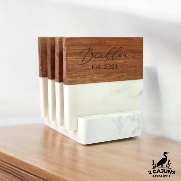 Personalized Marble and Wood Engraved Coasters - Set of 4 with Holder