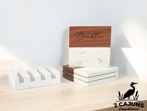 Personalized Marble and Wood Engraved Coasters - Set of 4 with Holder