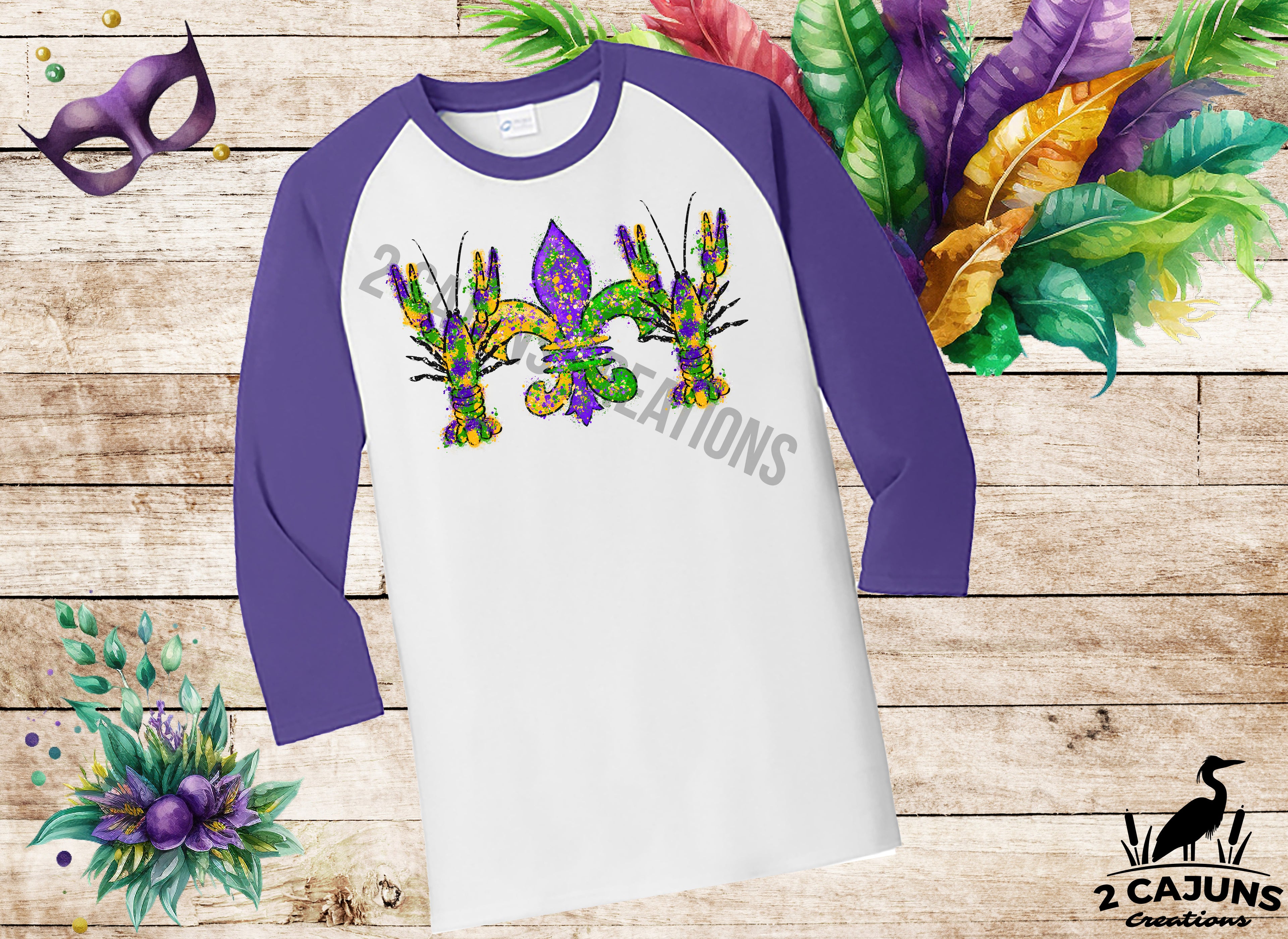 Mardi Gras Watercolor Crawfish and Fleur de Lis 3/4 Sleeve Raglan - Baseball Shirt