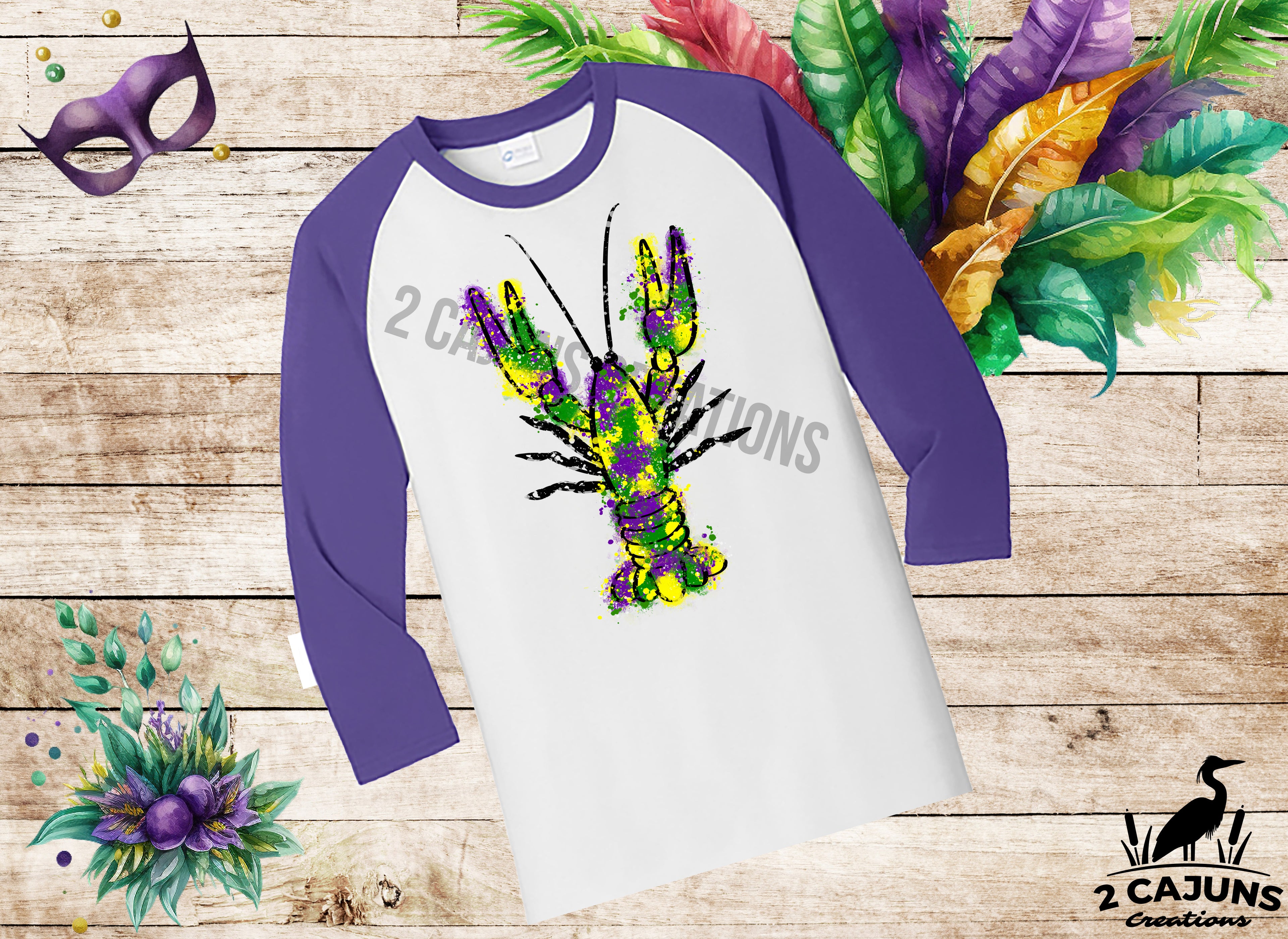 Mardi Gras Watercolor Crawfish 3/4 Sleeve Raglan - Baseball Shirt