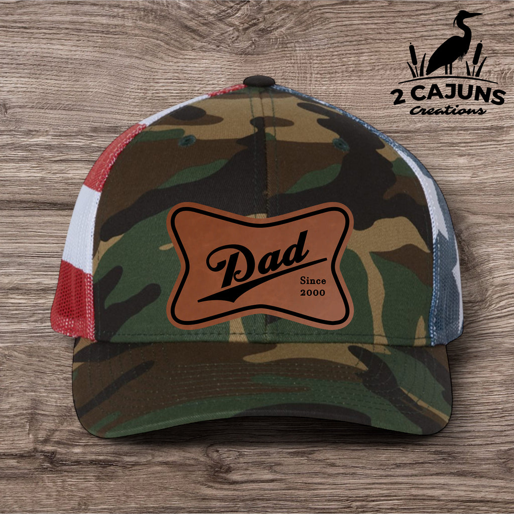 Dad Leather Patch Hat - Laser Engraved - Personalized with Year He Became a Dad - Several Color Options
