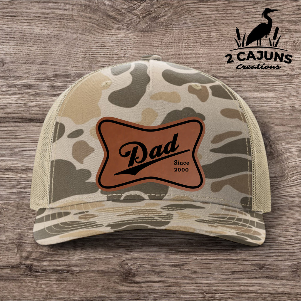 Dad Leather Patch Hat - Laser Engraved - Personalized with Year He Became a Dad - Several Color Options