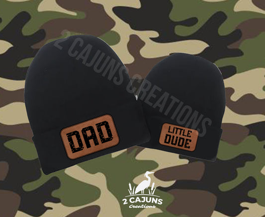 Dad Little Dude Adorable Beanie Set - Leatherette Engraved Patch  - Soft and Warm for Cold Weather