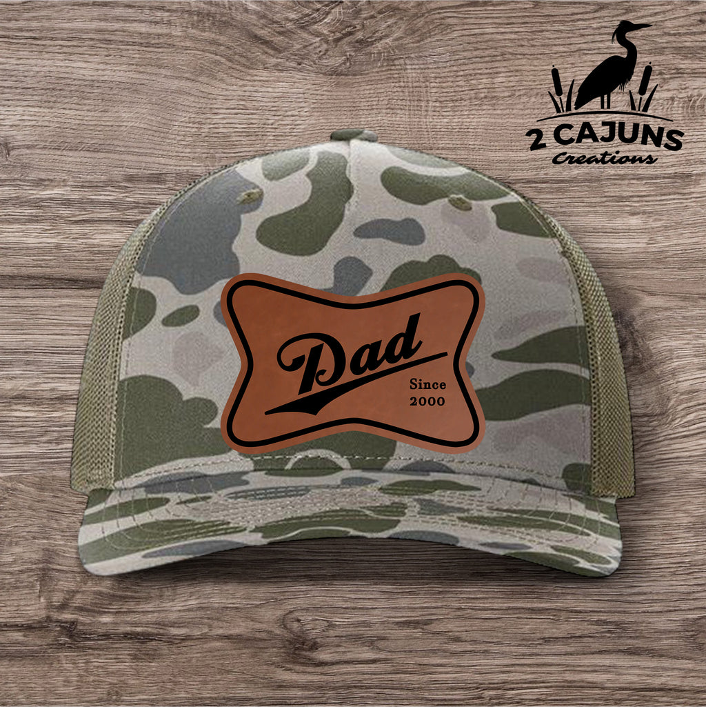 Dad Leather Patch Hat - Laser Engraved - Personalized with Year He Became a Dad - Several Color Options