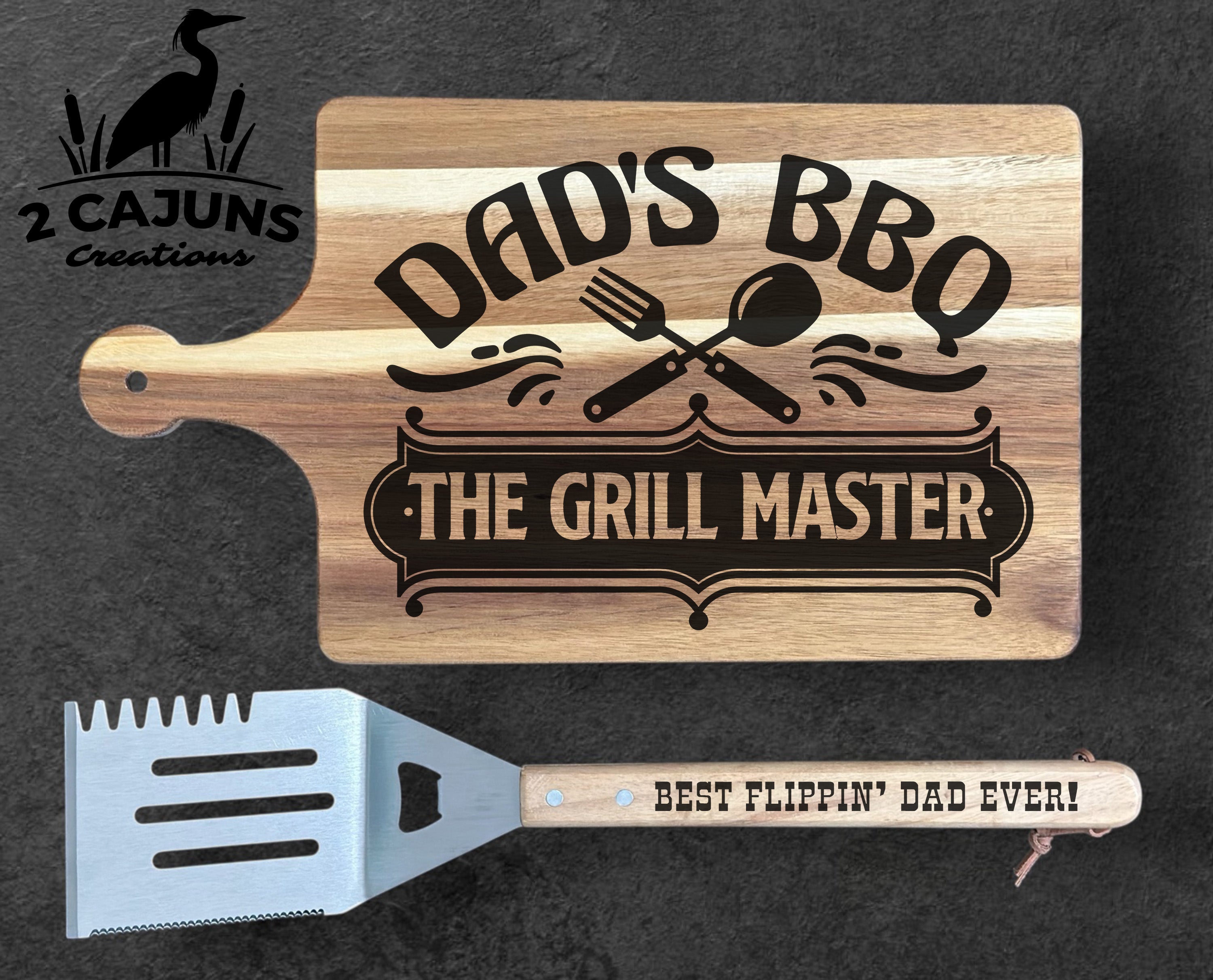 Dad's BBQ - The Grill Master Cutting Board with Best Flippin' Dad Ever Spatula - Father's Day Gift - Gifts for Him