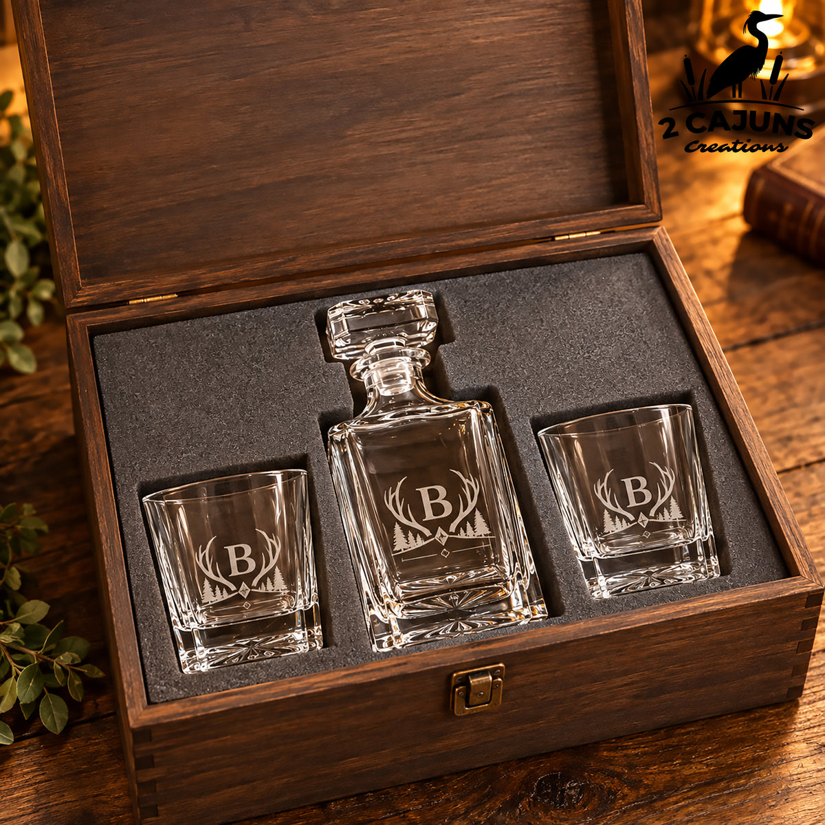 Personalized Whiskey Decanter Set with Optional Dark Walnut Wooden Gift Box - Laser Engraved