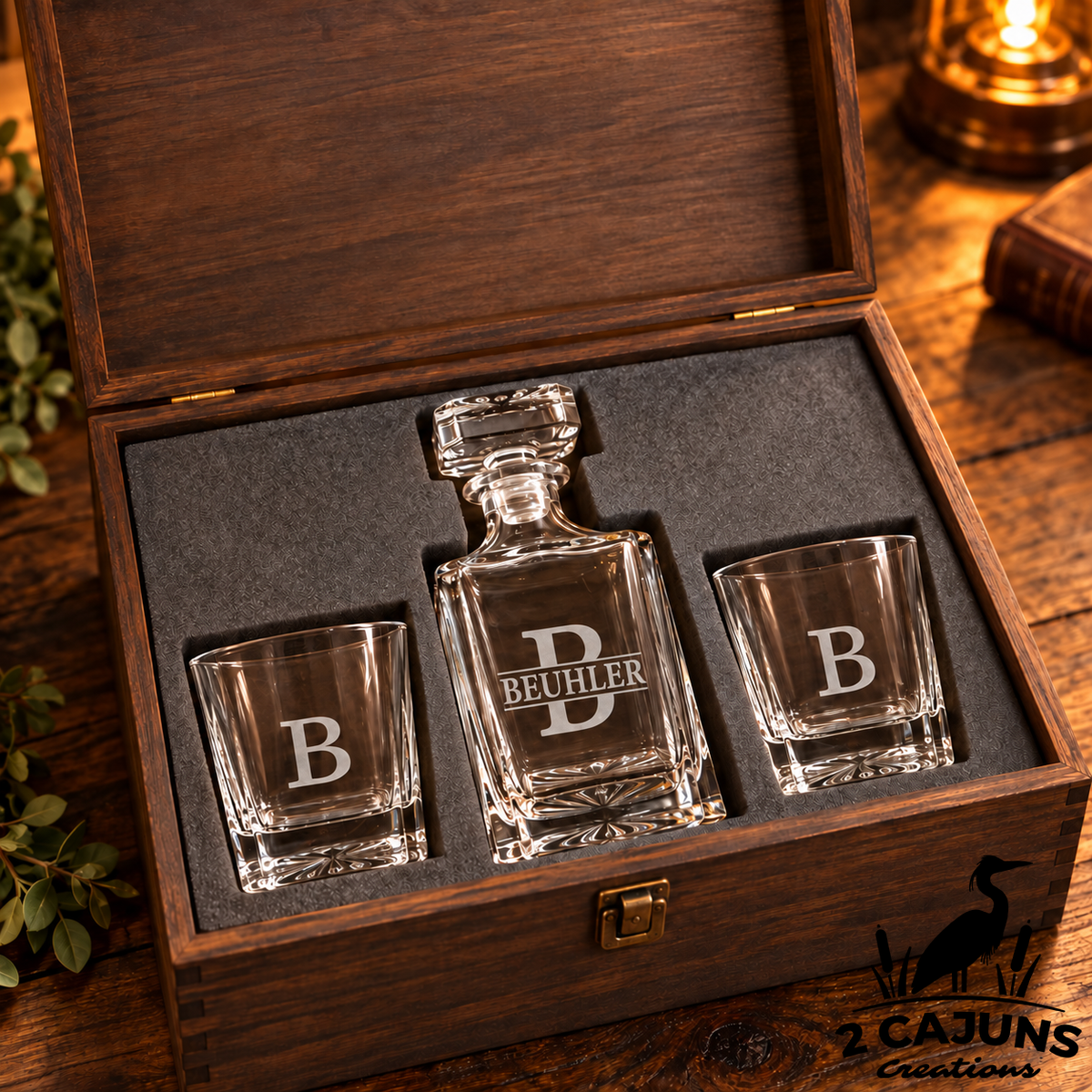 Personalized Whiskey Decanter Set with Optional Dark Walnut Wooden Gift Box - Laser Engraved