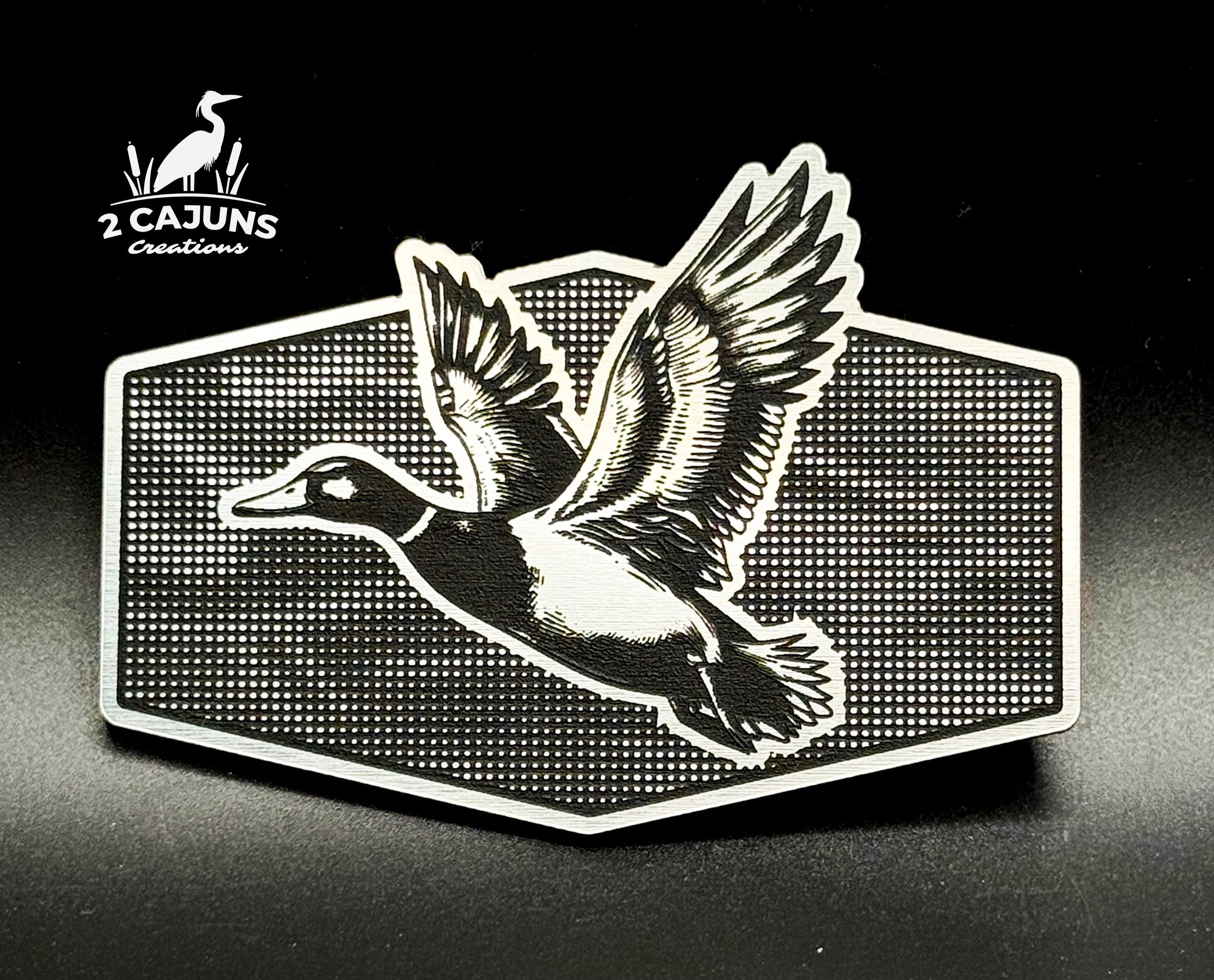Mallard Duck on Linen Camo Design Dual Layer Stainless Black Acrylic Hat Patch