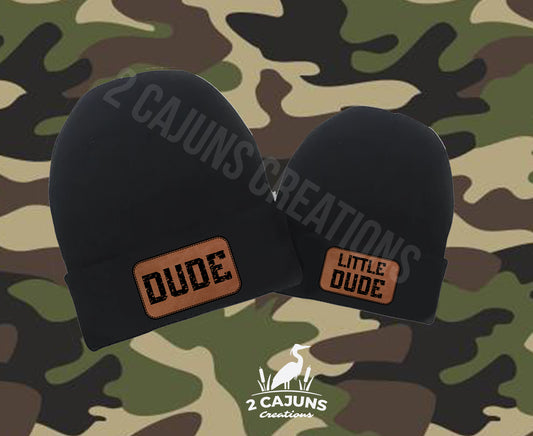 Dude Little Dude Adorable Beanie Set - Leatherette Engraved Patch  - Soft and Warm for Cold Weather