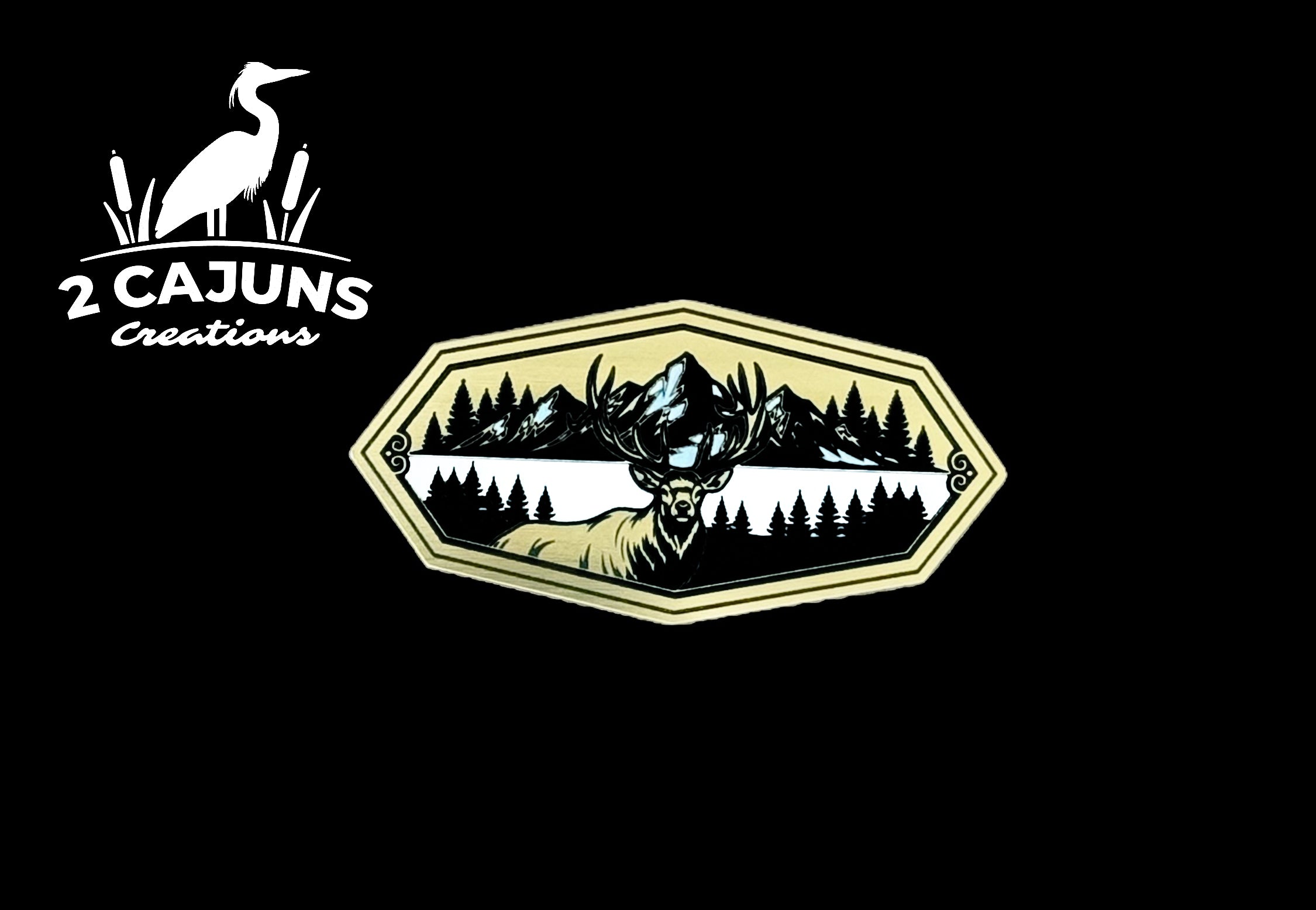 Elk Hexagon with Mountains Gold Black White Acrylic Hat Patch