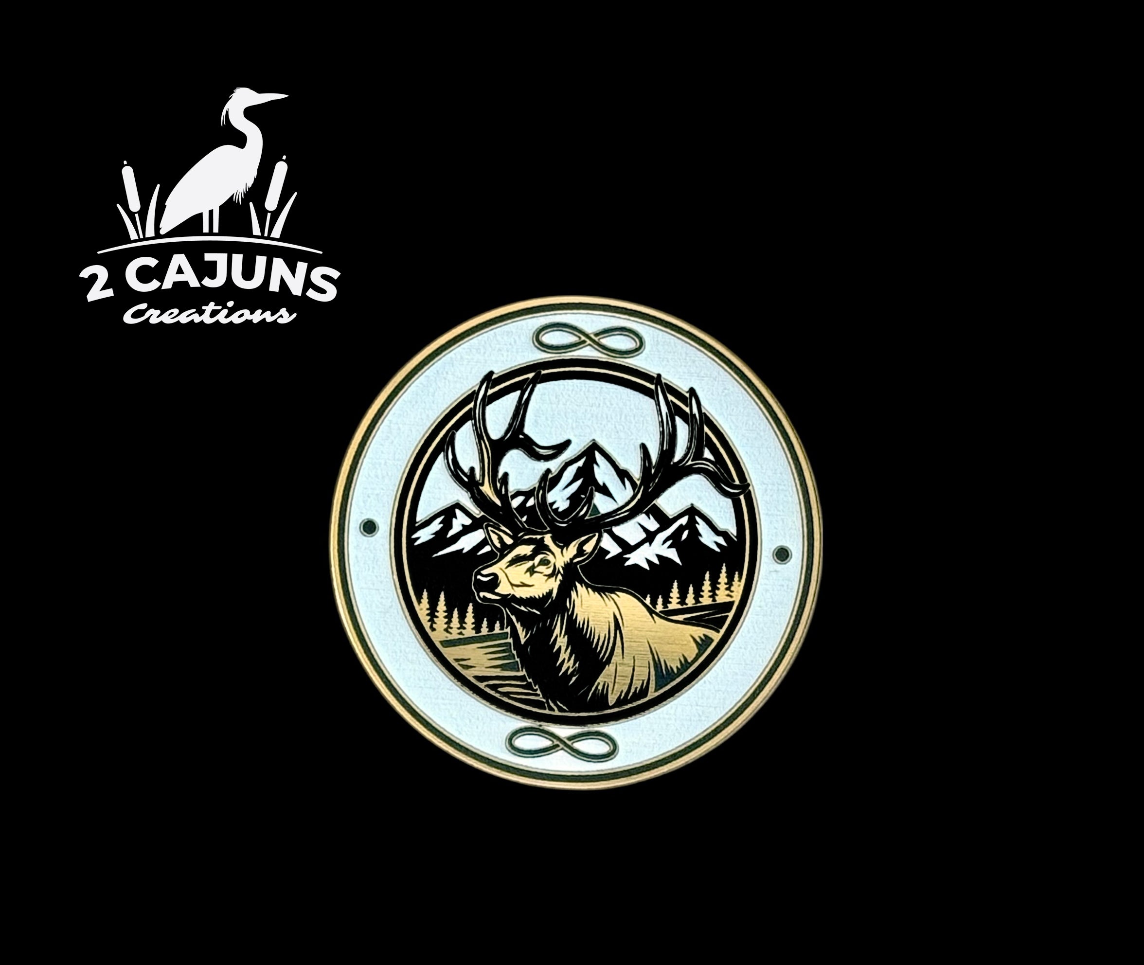 Elk with Mountain Backdrop Gold Black White Acrylic Hat Patch