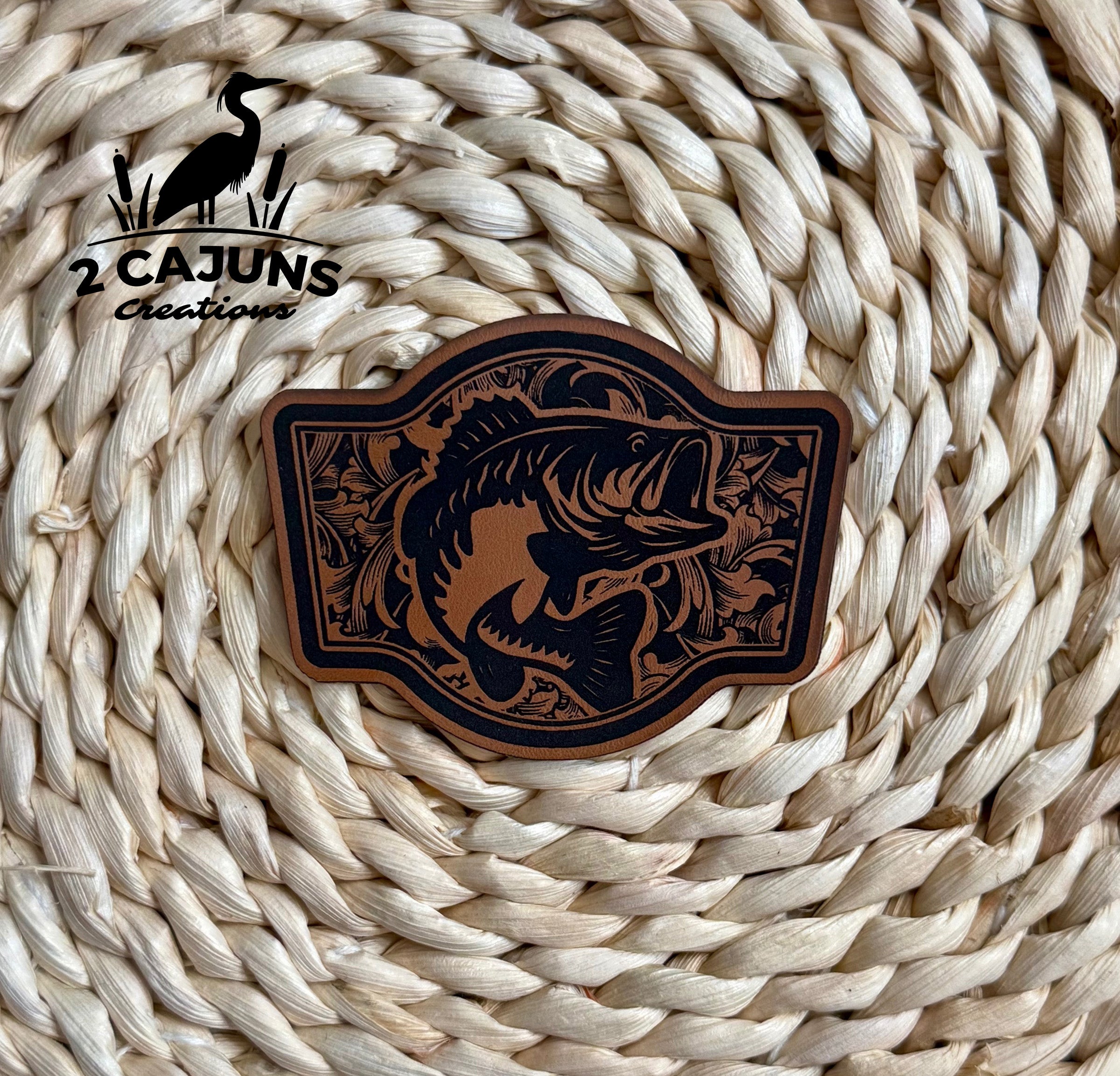Fish Tooled Pattern Engraved Leatherette Hat Patch