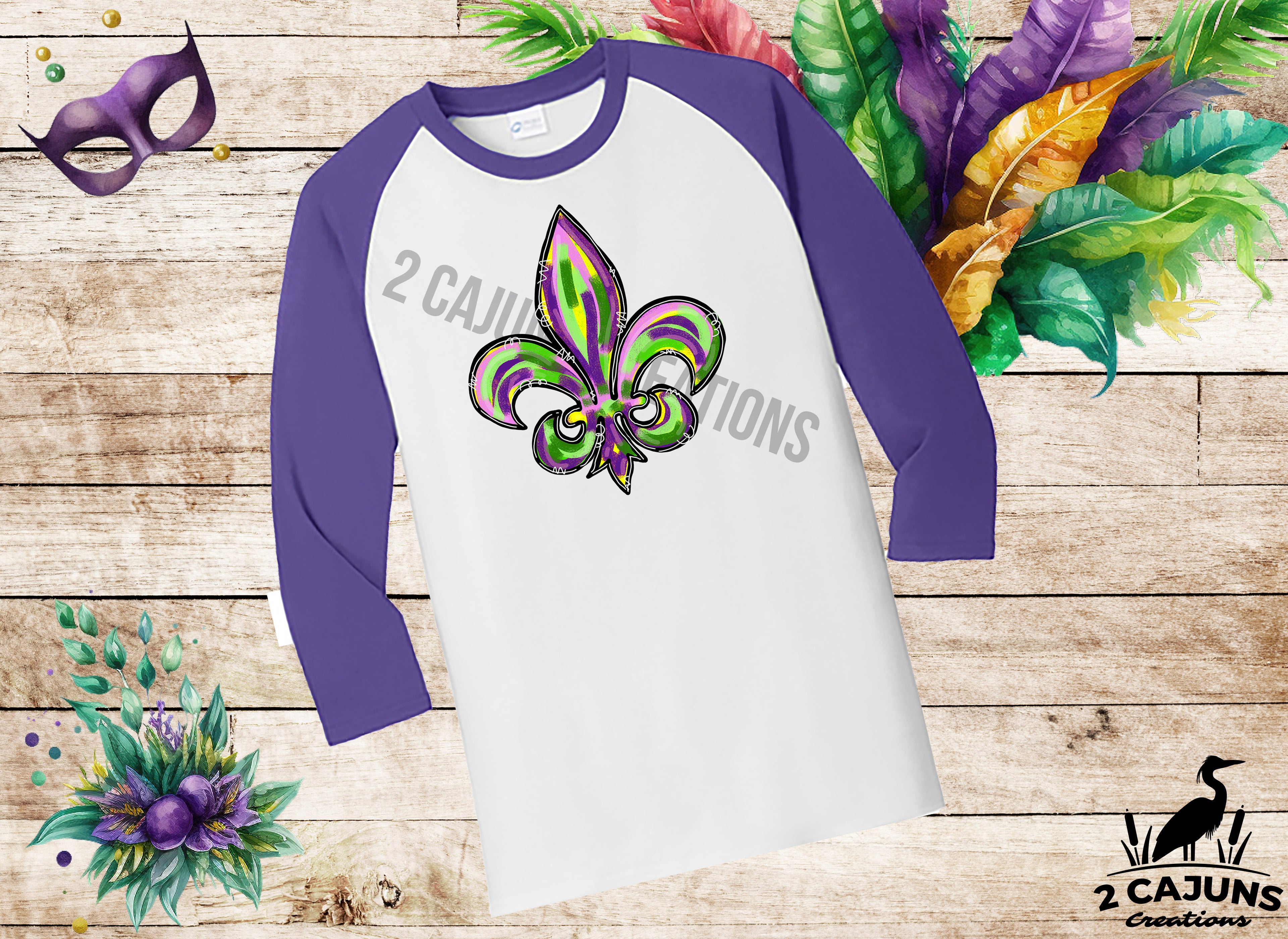 Mardi Gras Watercolor Fleur de Lis 3/4 Sleeve Raglan - Baseball Shirt