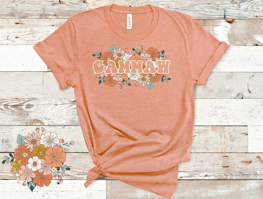 Gammaw Floral Retro Tshirt - Mothers Day Tee - Heather Peach Color