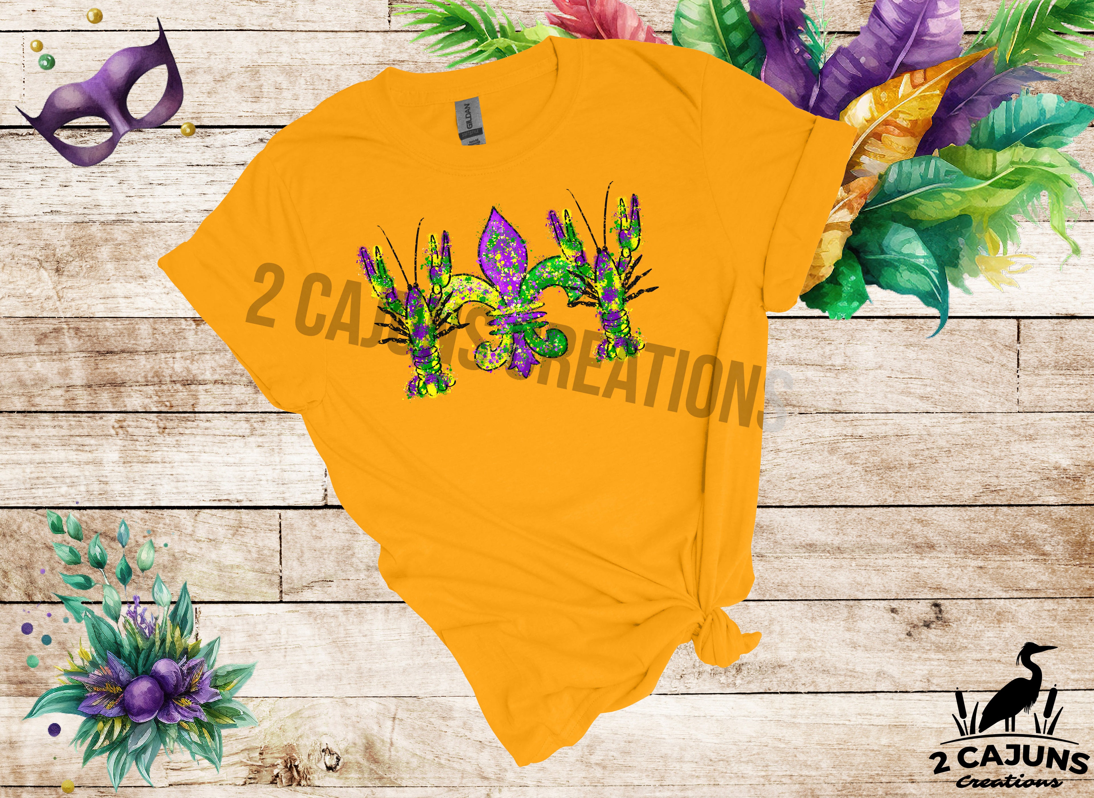 Mardi Gras Watercolor Crawfish and Fleur de Lis Tshirt - Multiple Colors Available