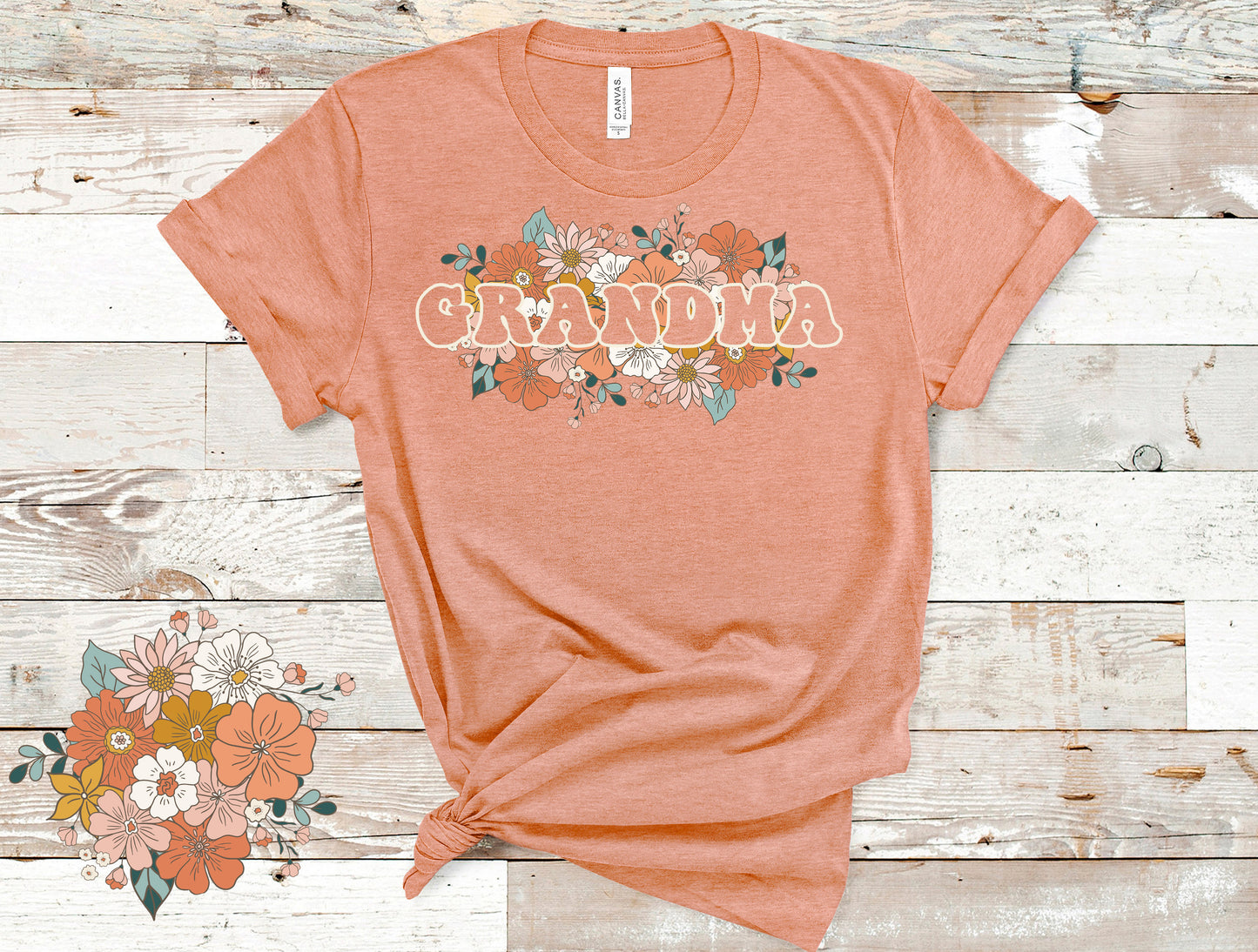 Grandma Floral Retro Tshirt - Mothers Day Tee - Heather Peach Color