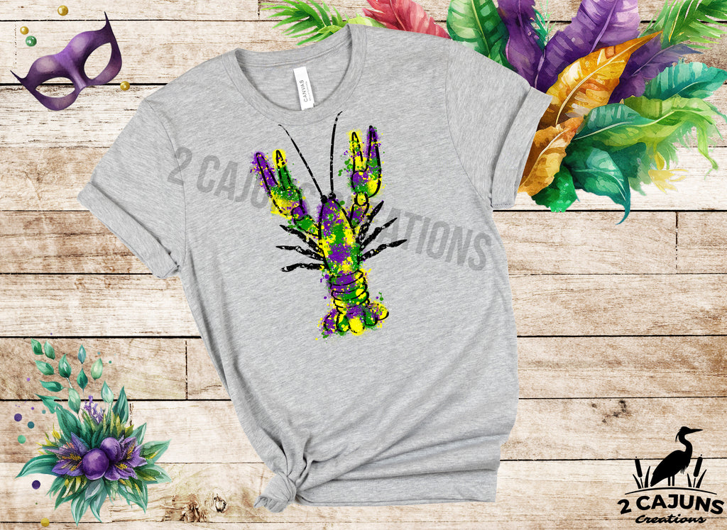 Mardi Gras Watercolor Crawfish Tshirt - Multiple Colors Available
