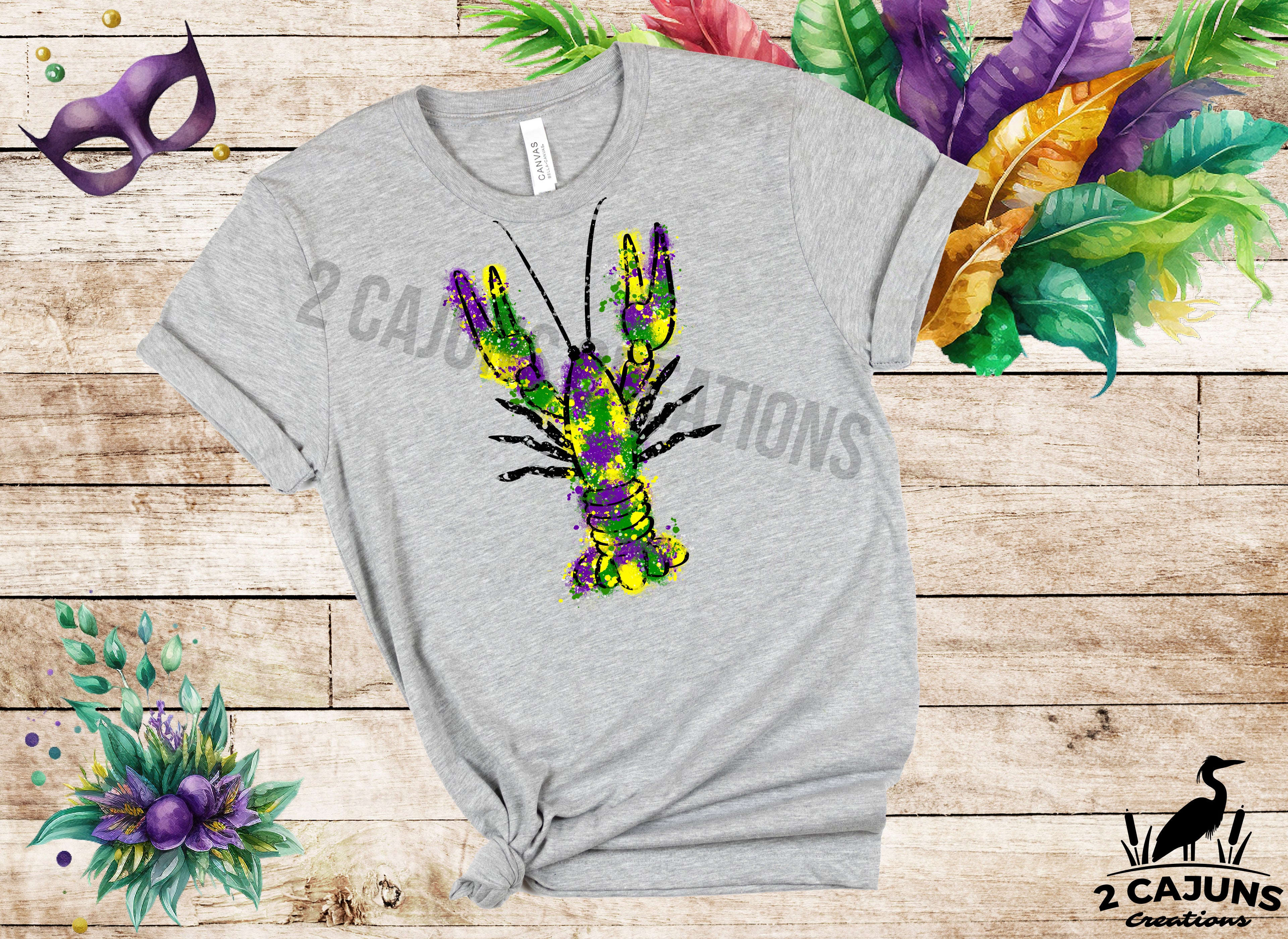 Mardi Gras Watercolor Crawfish Tshirt - Multiple Colors Available