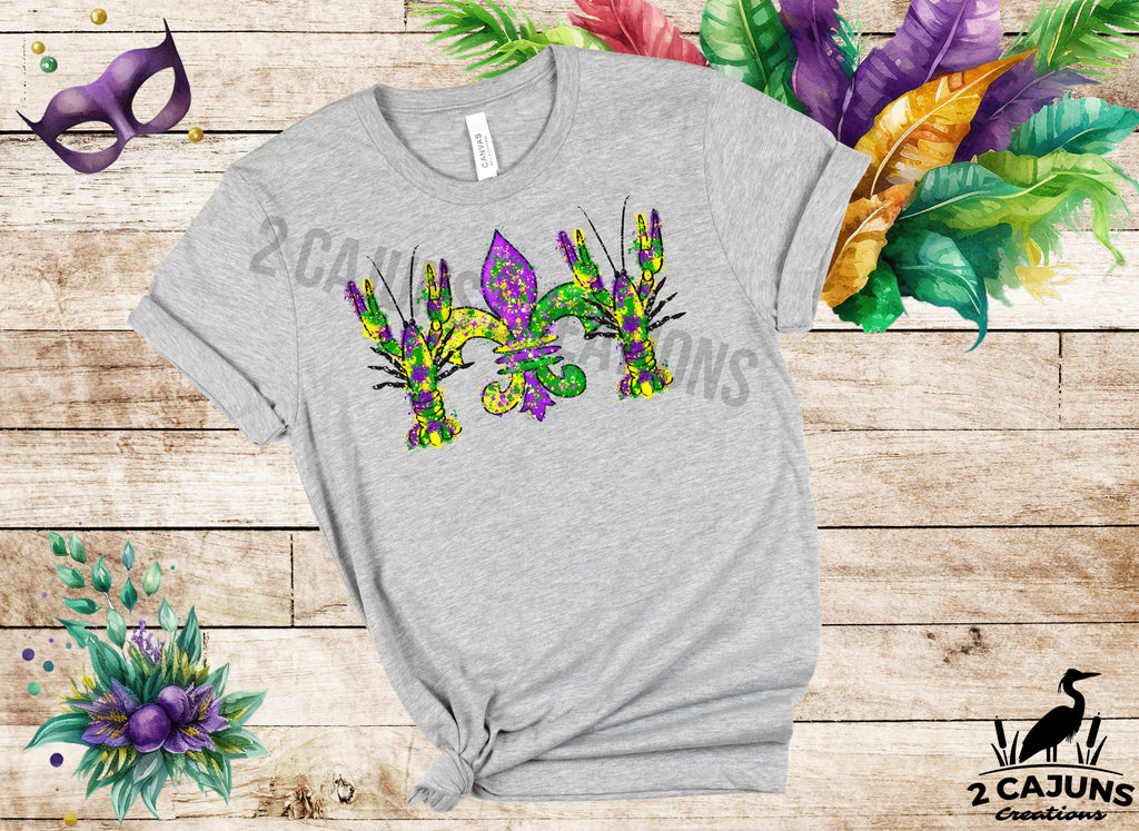Mardi Gras Watercolor Crawfish and Fleur de Lis Tshirt - Multiple Colors Available