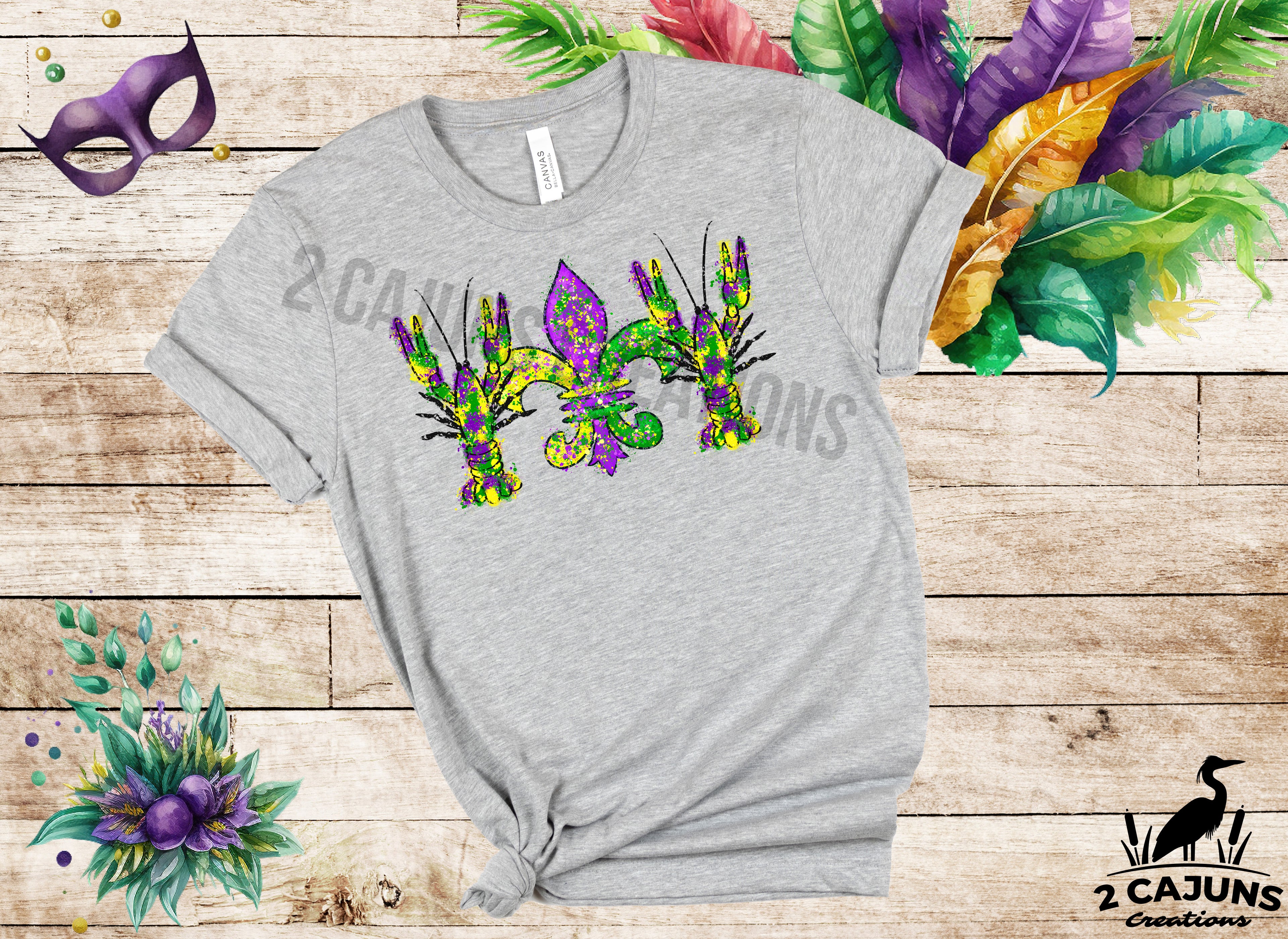 Mardi Gras Watercolor Crawfish and Fleur de Lis Tshirt - Multiple Colors Available