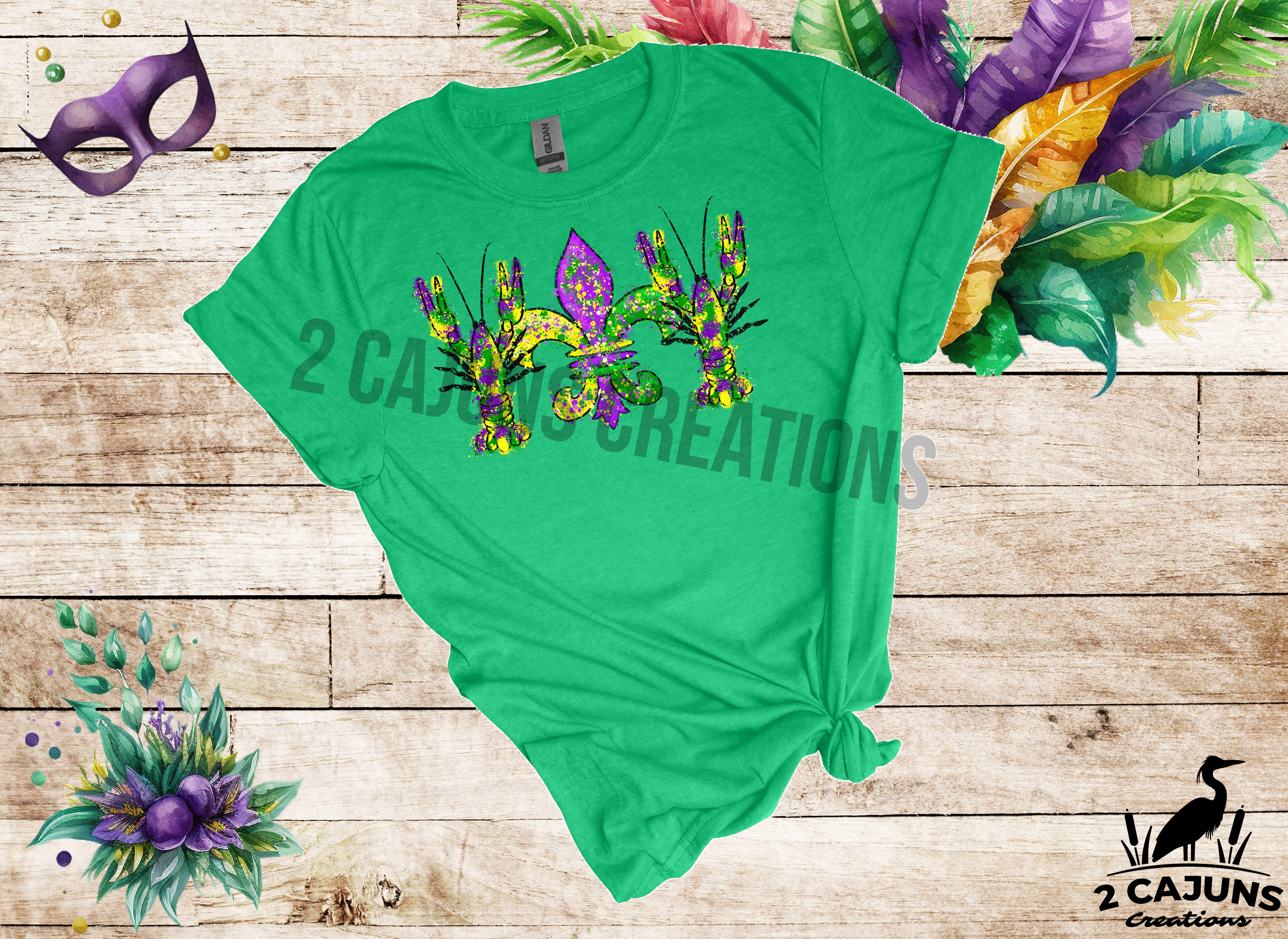 Mardi Gras Watercolor Crawfish and Fleur de Lis Tshirt - Multiple Colors Available