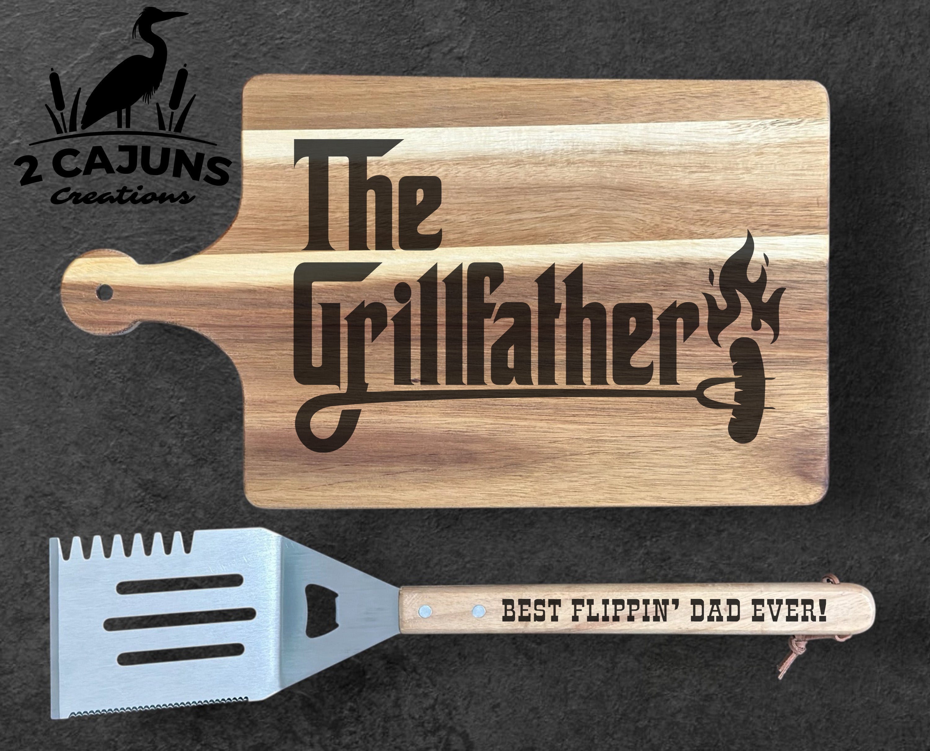 The GrillFather Cutting Board with Best Flippin' Dad Ever Spatula - Father's Day Gift - Gifts for Him