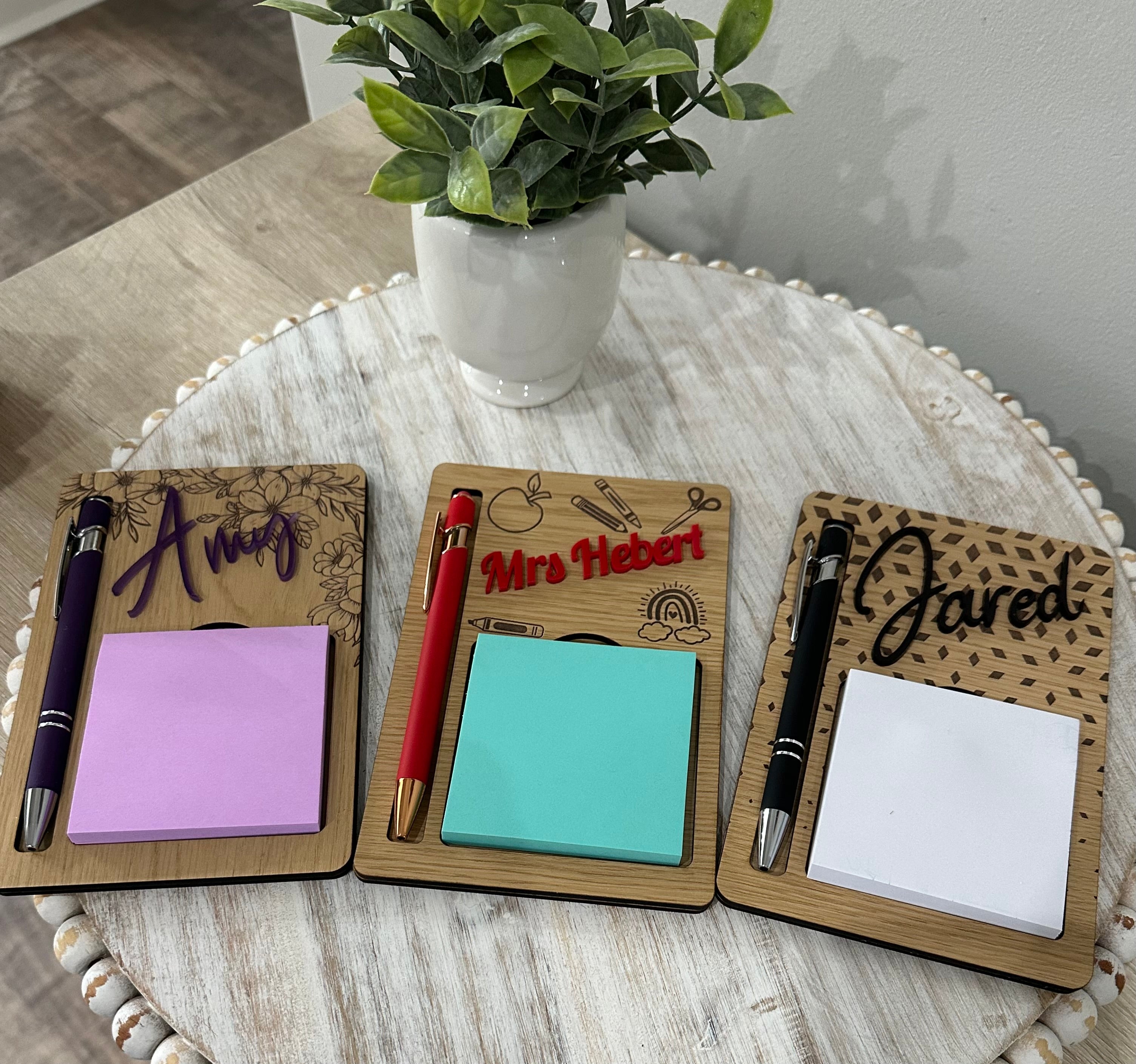 Personalized Sticky Note Holder with Stylus Pen and Note Pad - Laser Engraved - 3 Designs to Choose From and Multiple Colors for Name