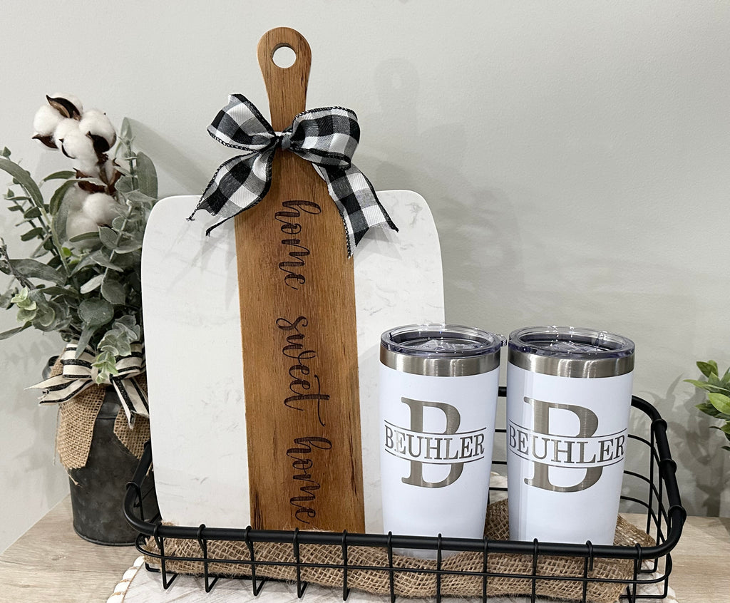 Realtor - Housewarming - Wedding Gift  - Perfectly Personalized Marble and Wood Cutting Board, Coaster Set and 20 oz Tumblers Laser Engraved Gift