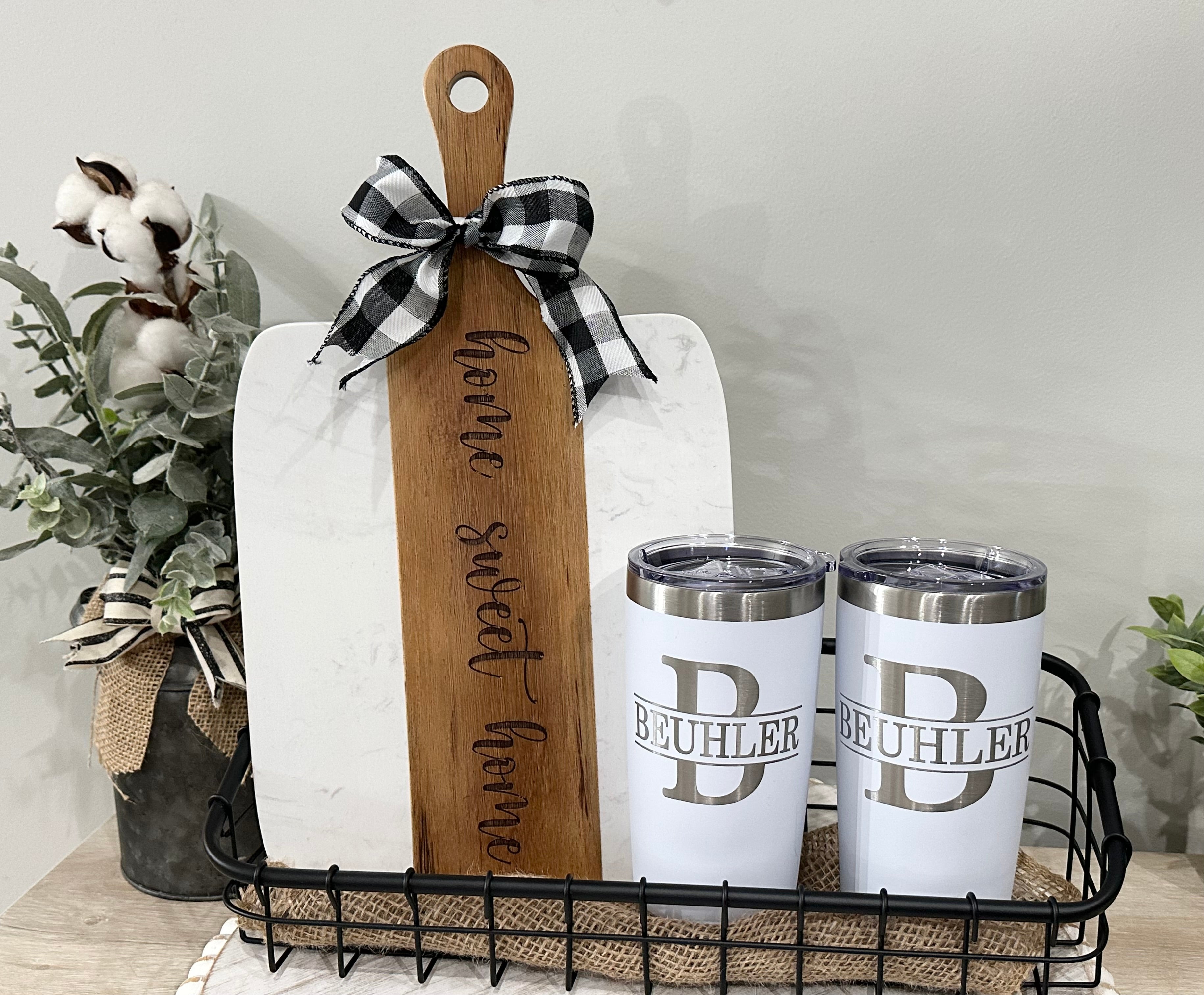 Realtor - Housewarming - Wedding Gift  - Perfectly Personalized Marble and Wood Cutting Board, Coaster Set and 20 oz Tumblers Laser Engraved Gift