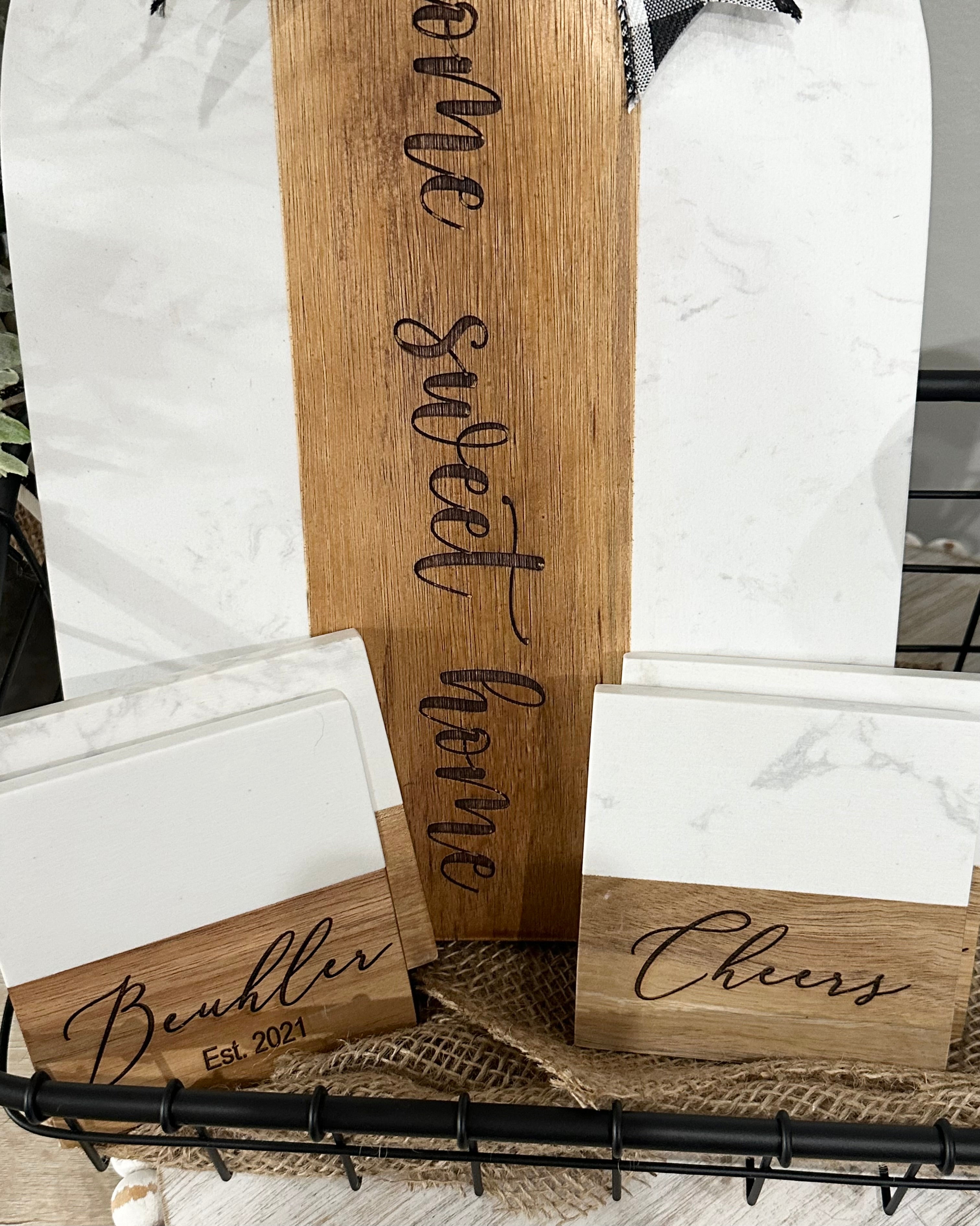 Realtor - Housewarming - Wedding Gift  - Perfectly Personalized Marble and Wood Cutting Board, Coaster Set and 20 oz Tumblers Laser Engraved Gift