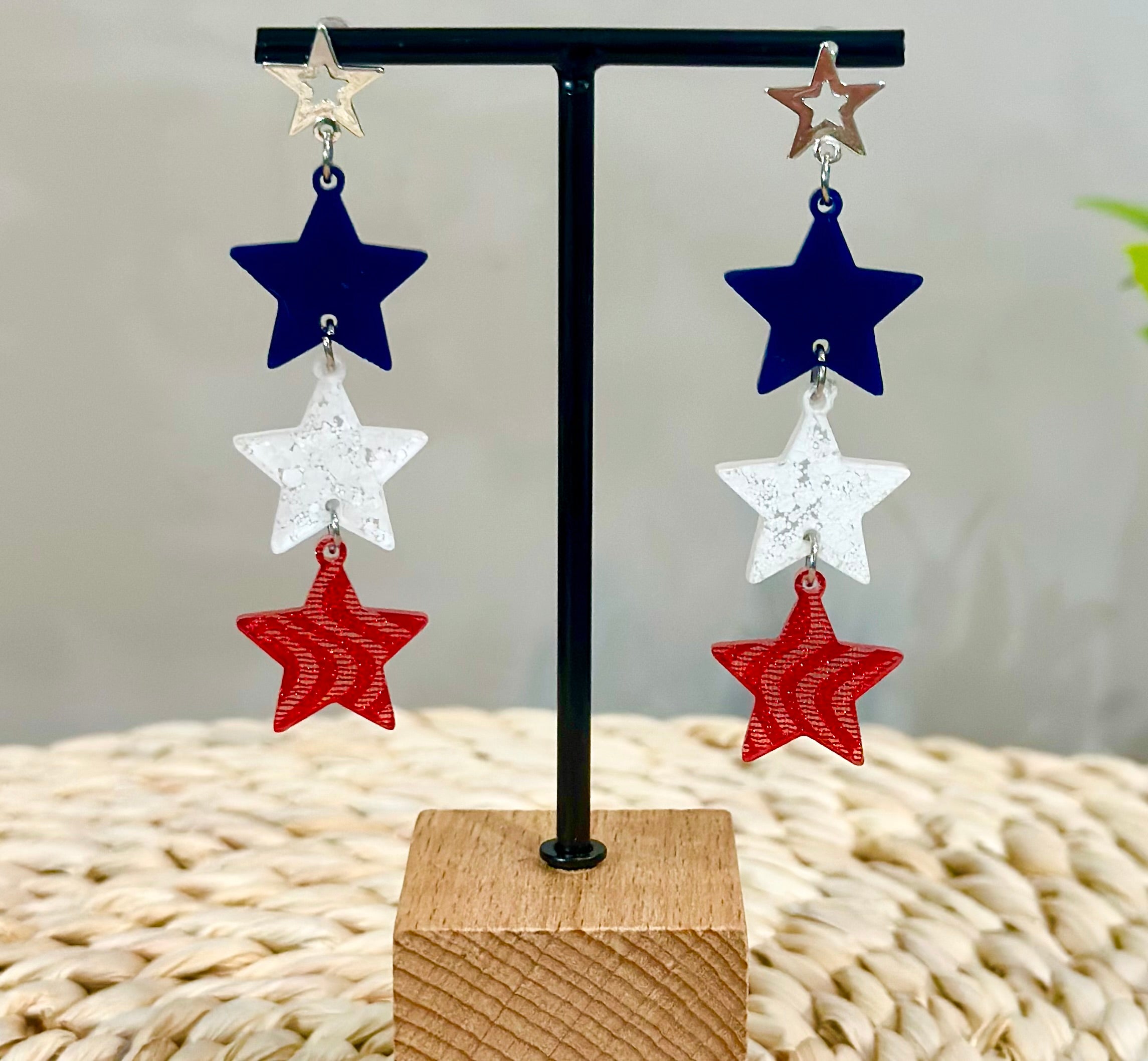 July 4th Independence Day Patriotic Red White and Blue Three Star Earrings