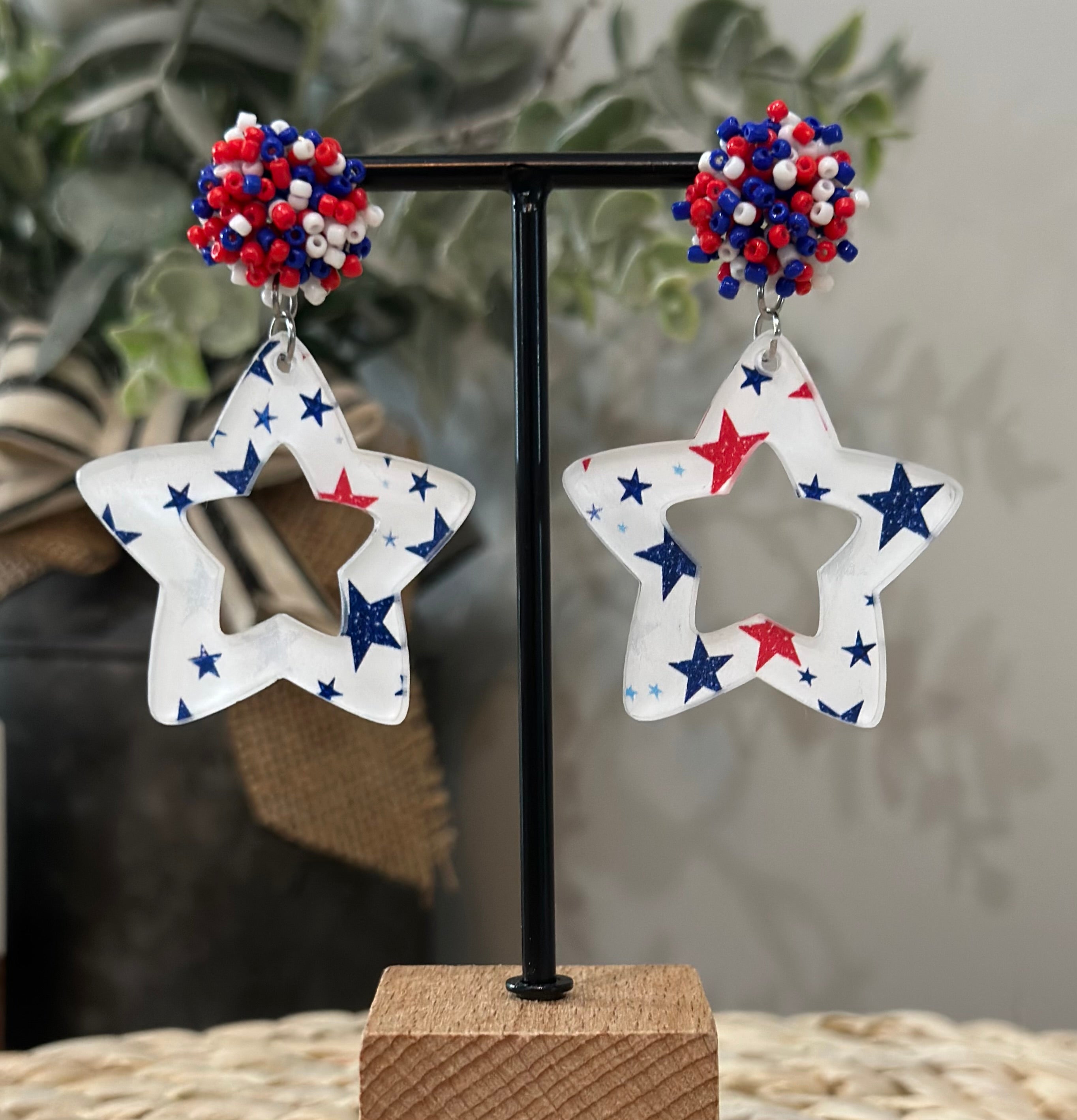 July 4th Independence Day Patriotic Red White and Blue Star Earrings with Beaded Topper Stud