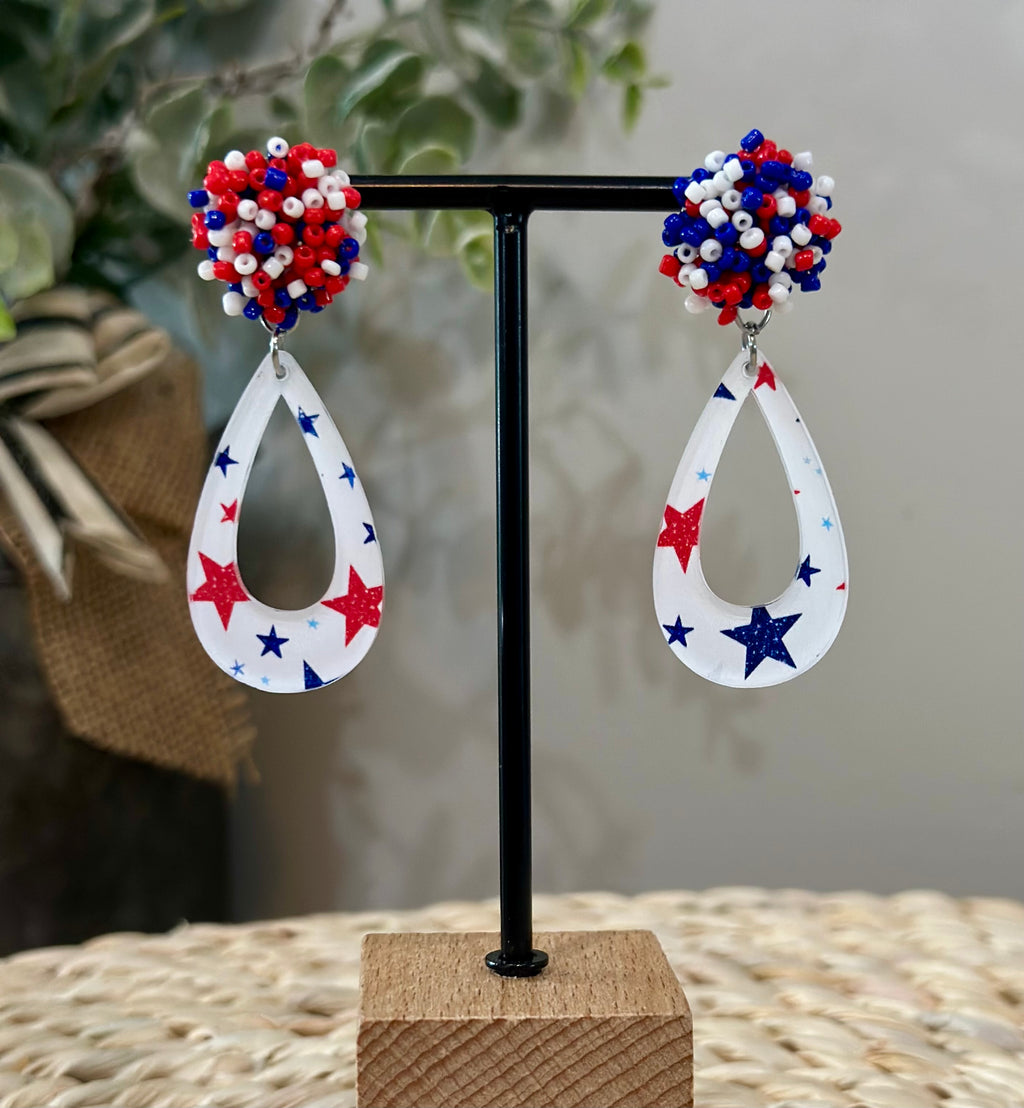 July 4th Independence Day Patriotic Red White and Blue Teardrop Earrings with Beaded Topper Stud