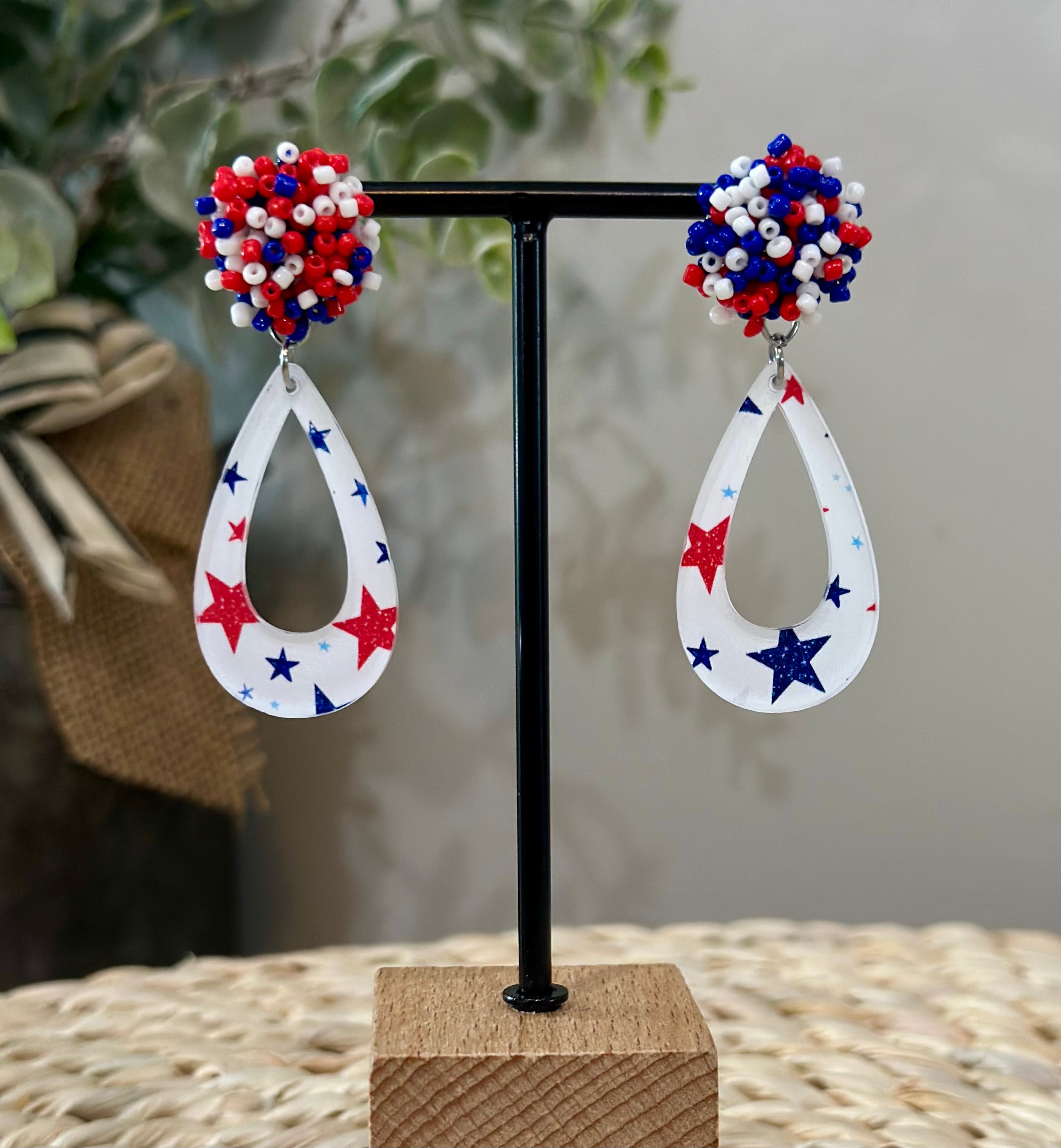 July 4th Independence Day Patriotic Red White and Blue Teardrop Earrings with Beaded Topper Stud