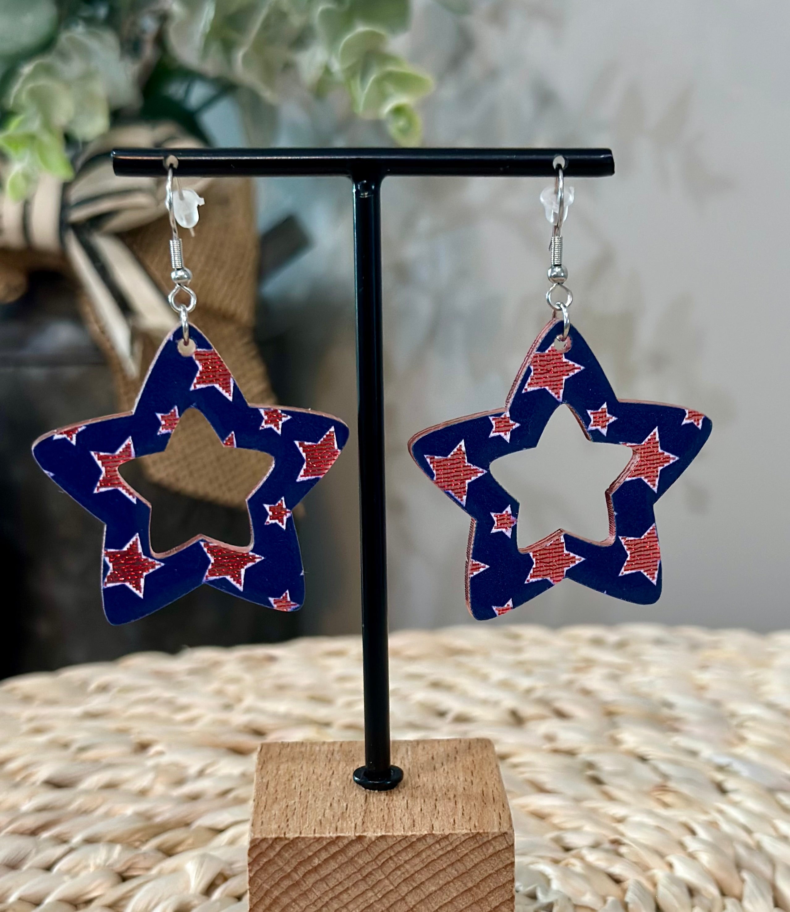 July 4th Independence Day Patriotic Red White and Blue Star Earrings with Stainless Steel Loop