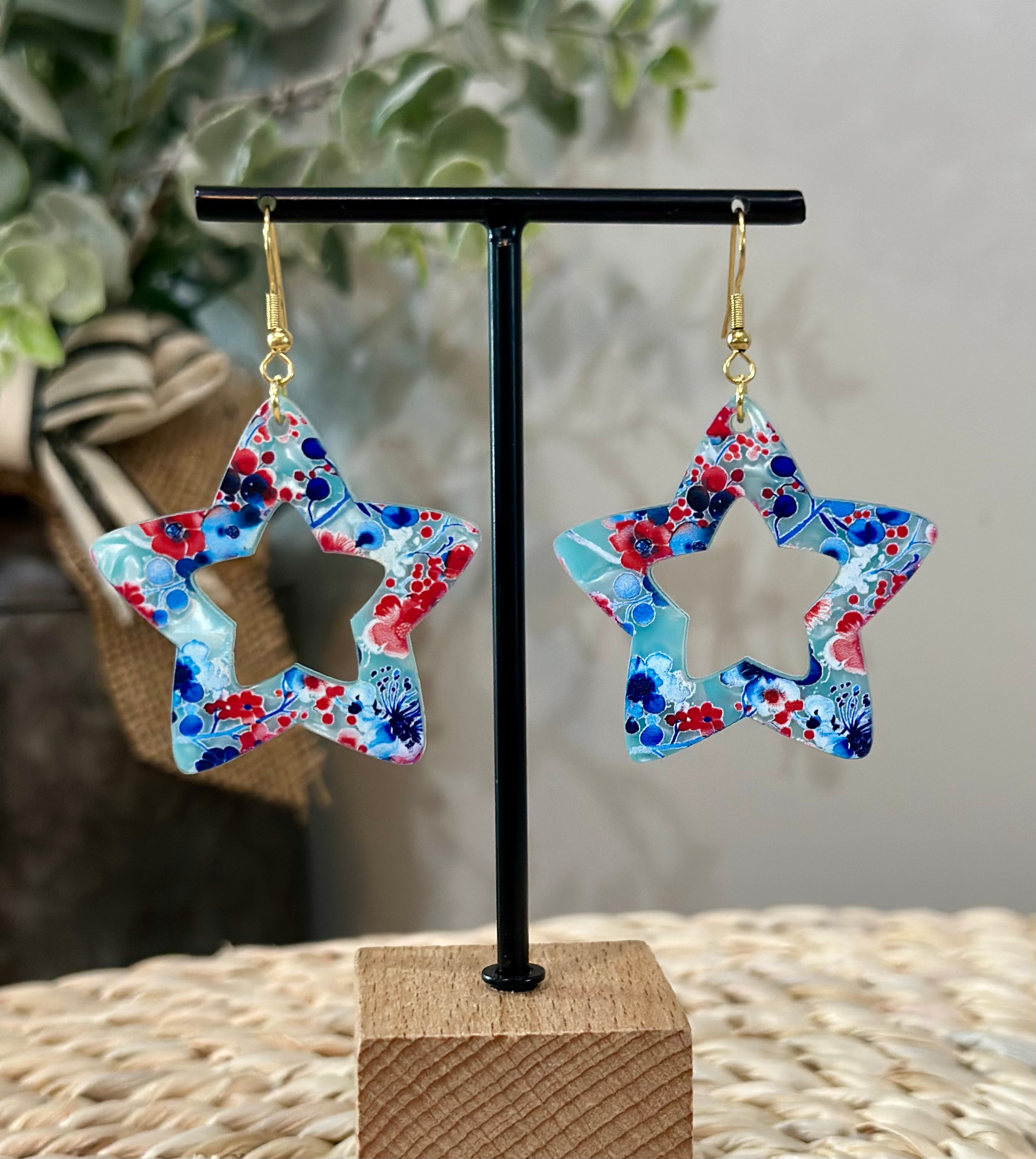 July 4th Independence Day Patriotic Red White and Blue Star Shaped Earrings with Gold Plated Loop