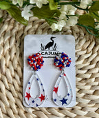 July 4th Independence Day Patriotic Red White and Blue Teardrop Earrings with Beaded Topper Stud
